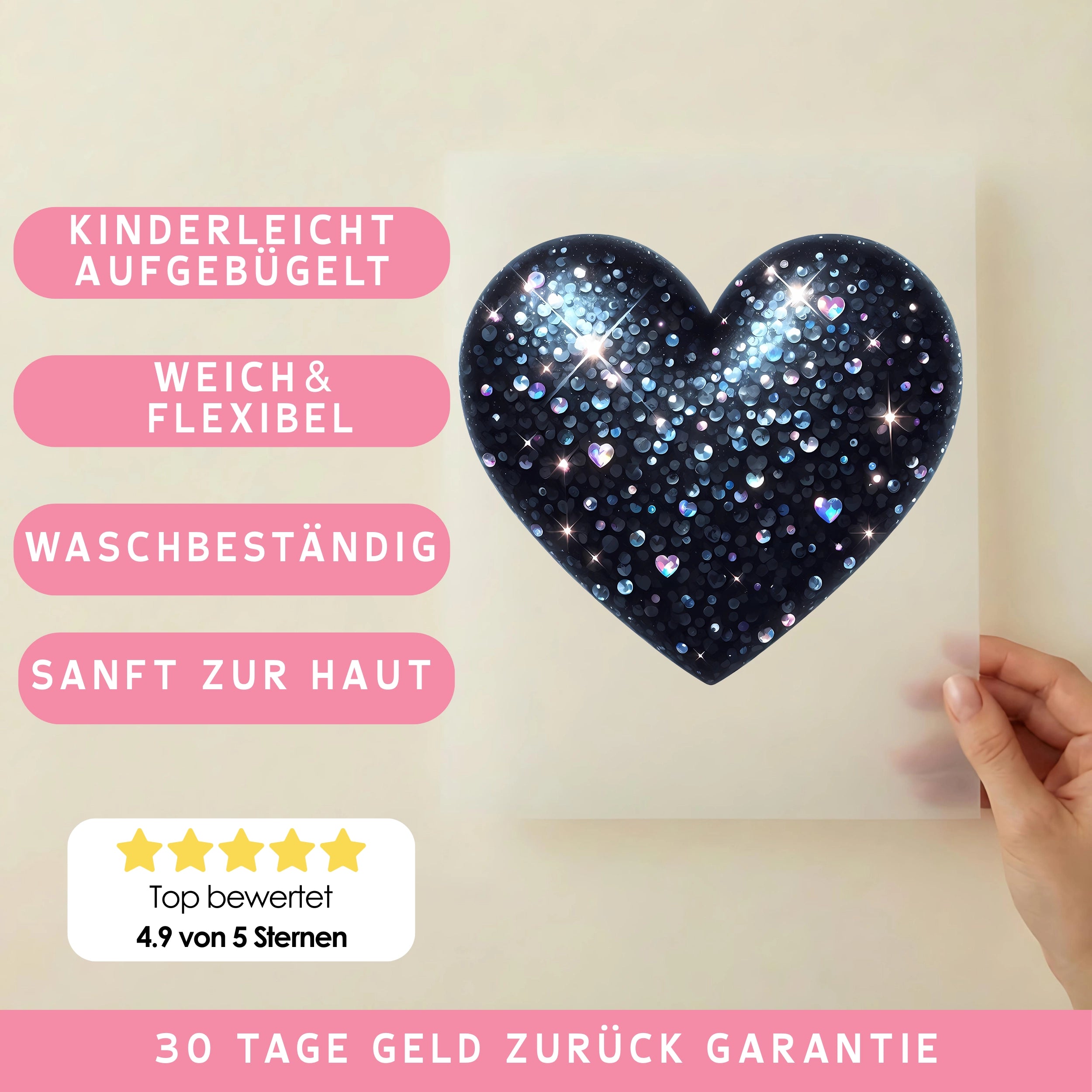 Bügelbild Herz Juwel Schwarz