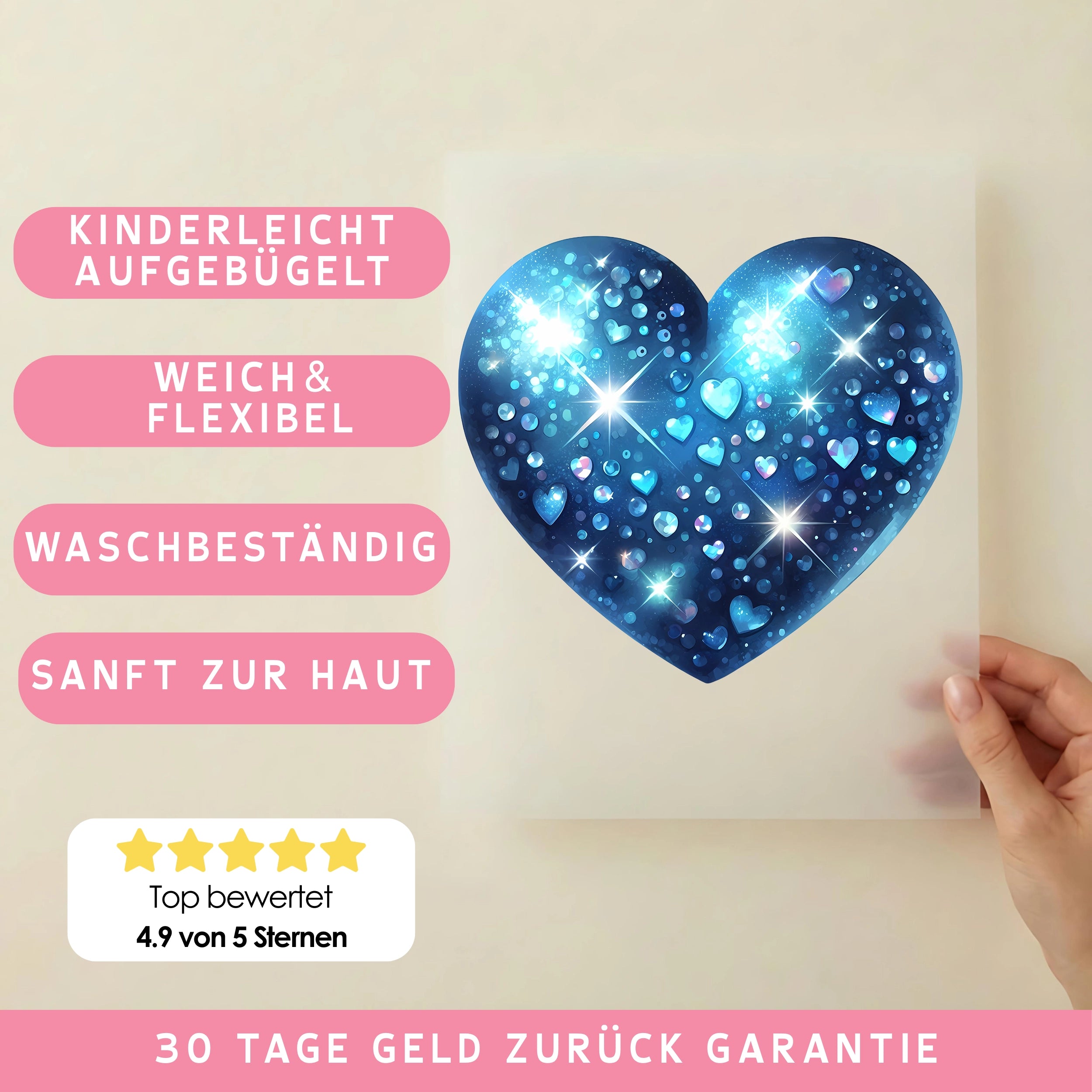 Bügelbild Herz Juwel Blau