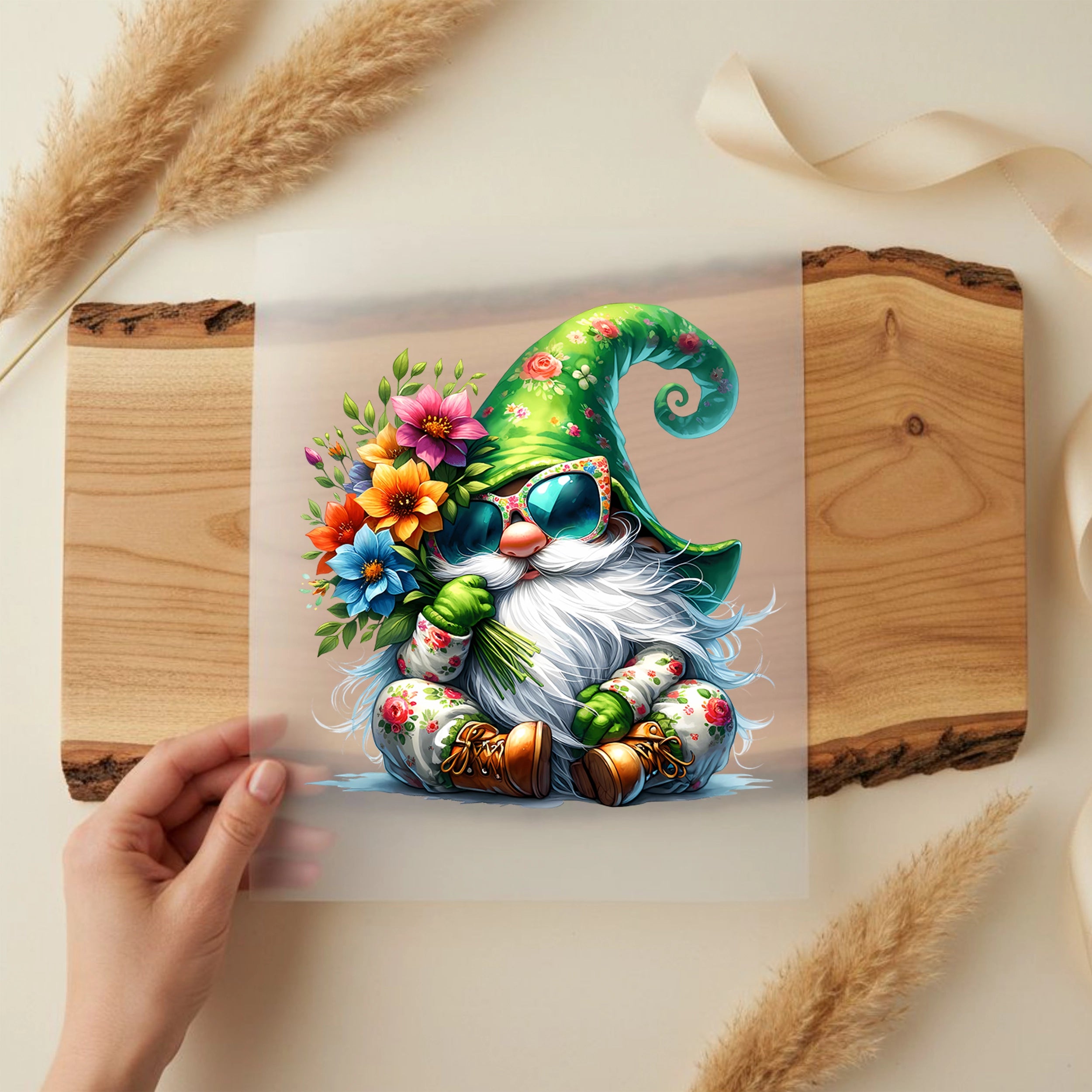 Bügelbild Frühlingszwerg mit Blumenstrauß