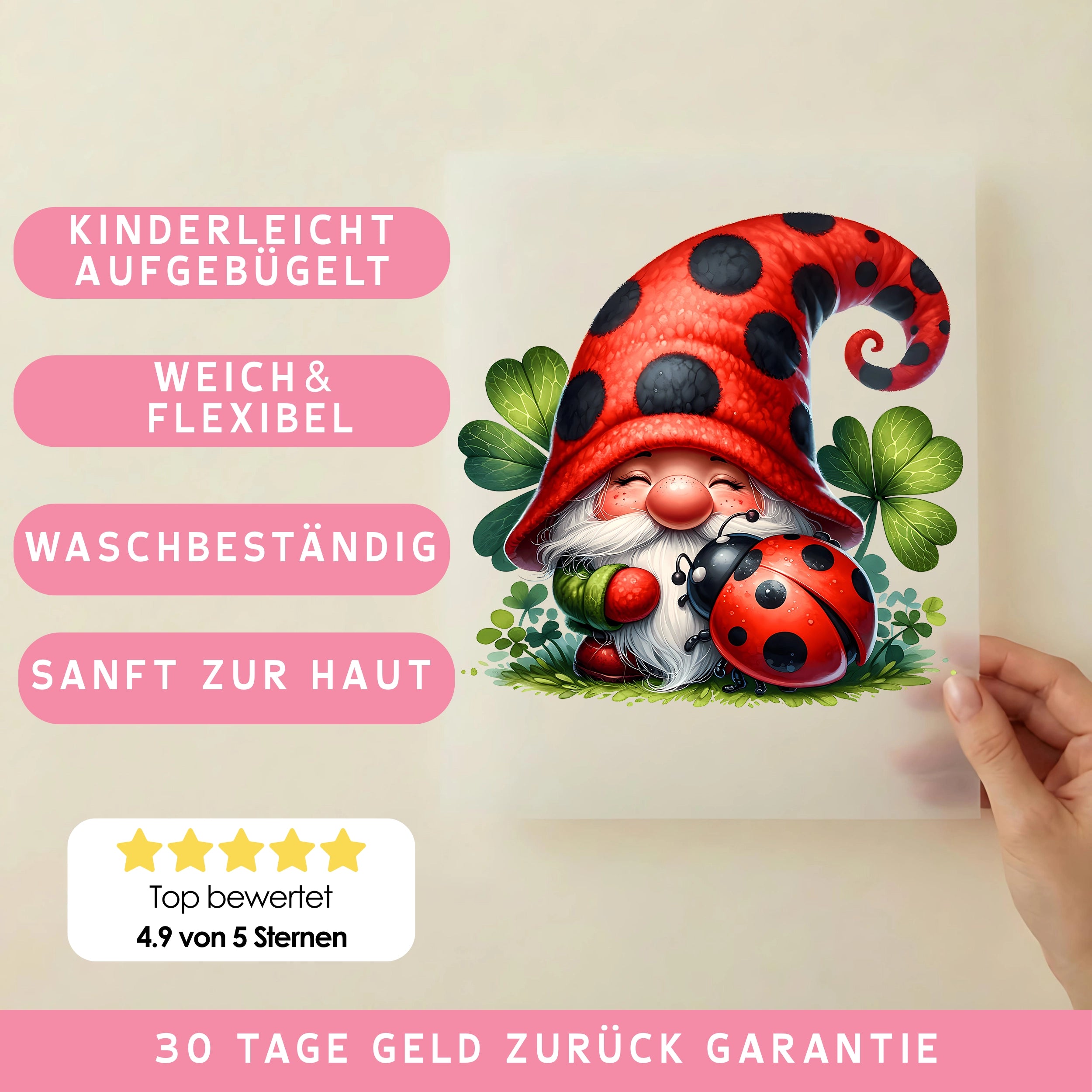 Bügelbild Wichtel Luki Glücksbringer Marienkäfer