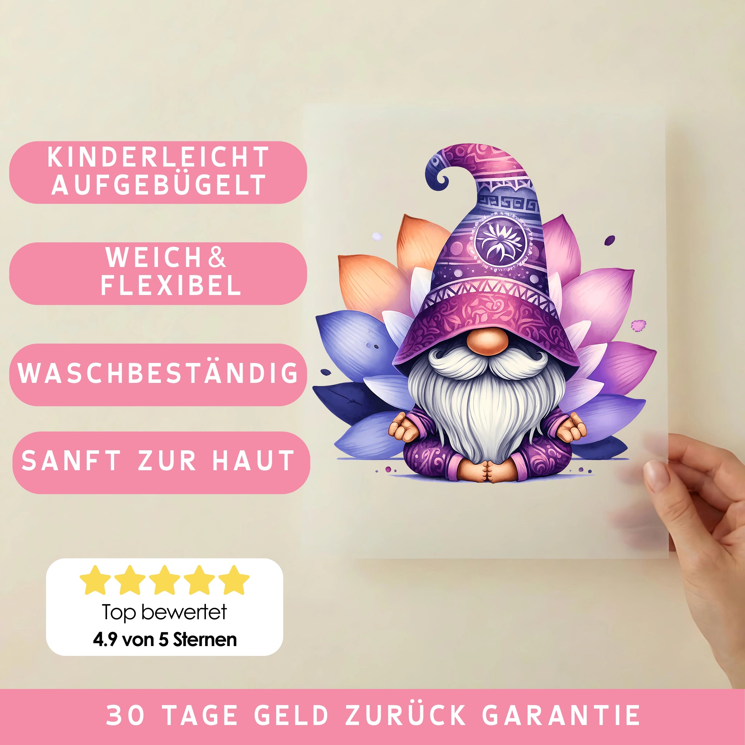 Bügelbild Yoga Gnom Lotuszauber