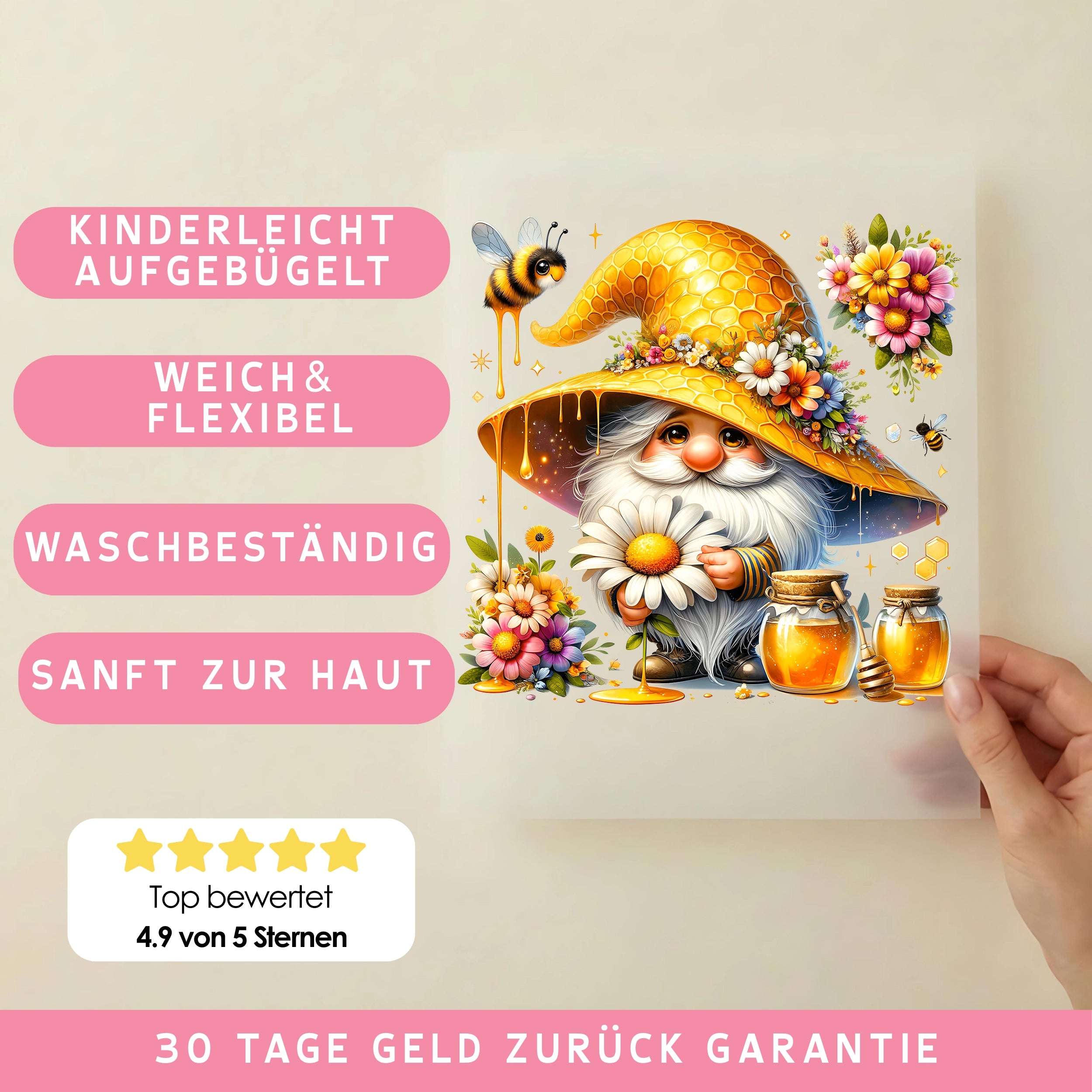 Bügelbild Wichtel Benni Honigglück