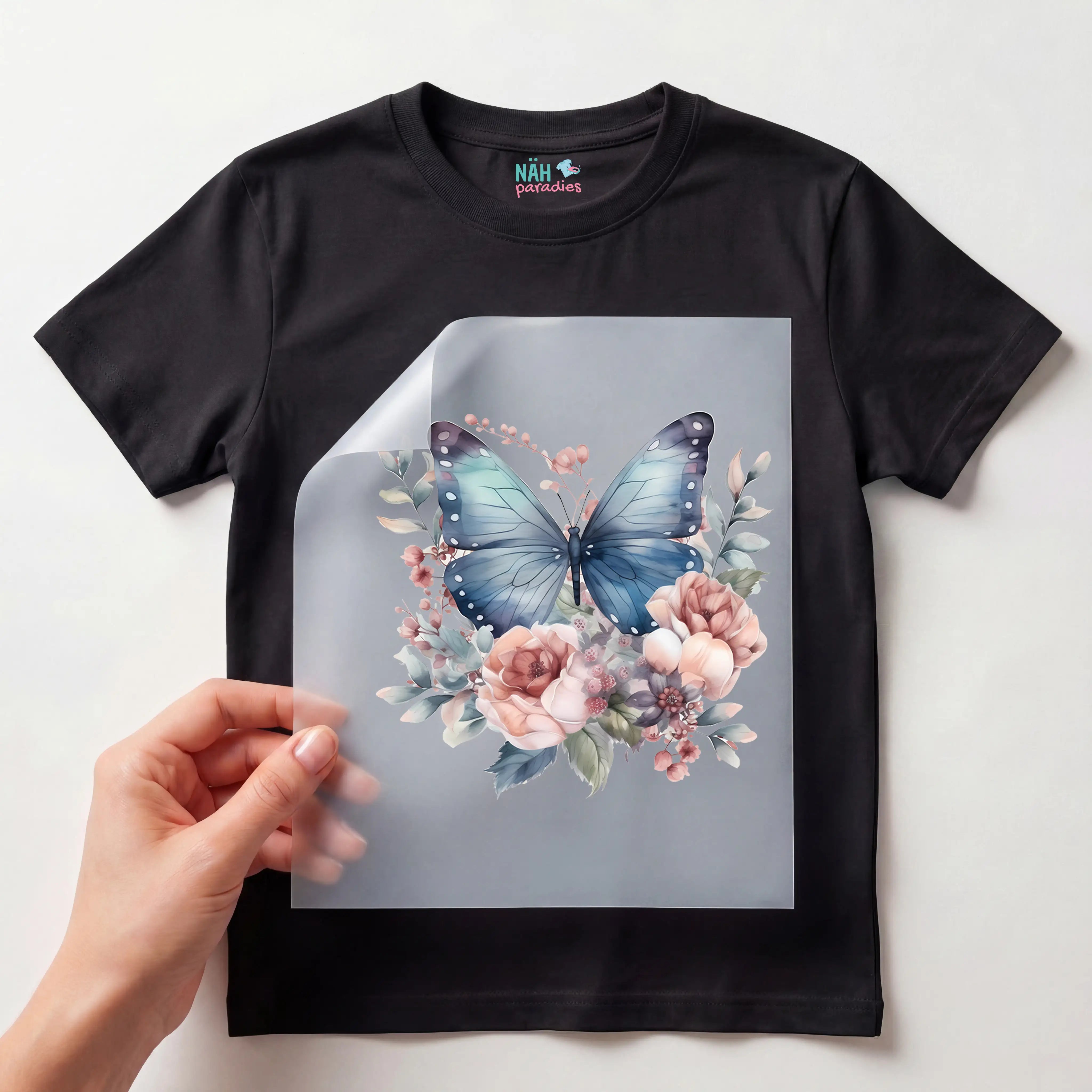Bügelbild Schmetterling Blütenblauer Bote