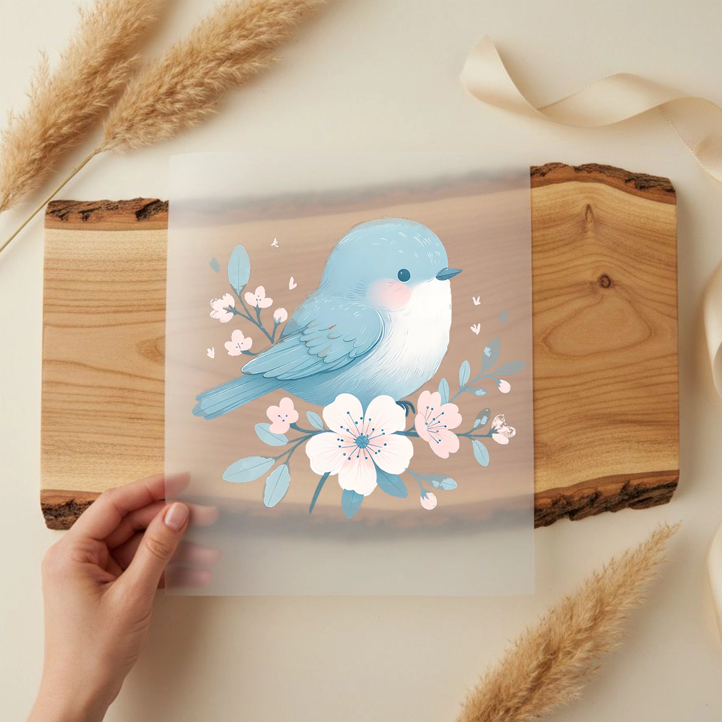 Bügelbild Blauer Blüten Vogel