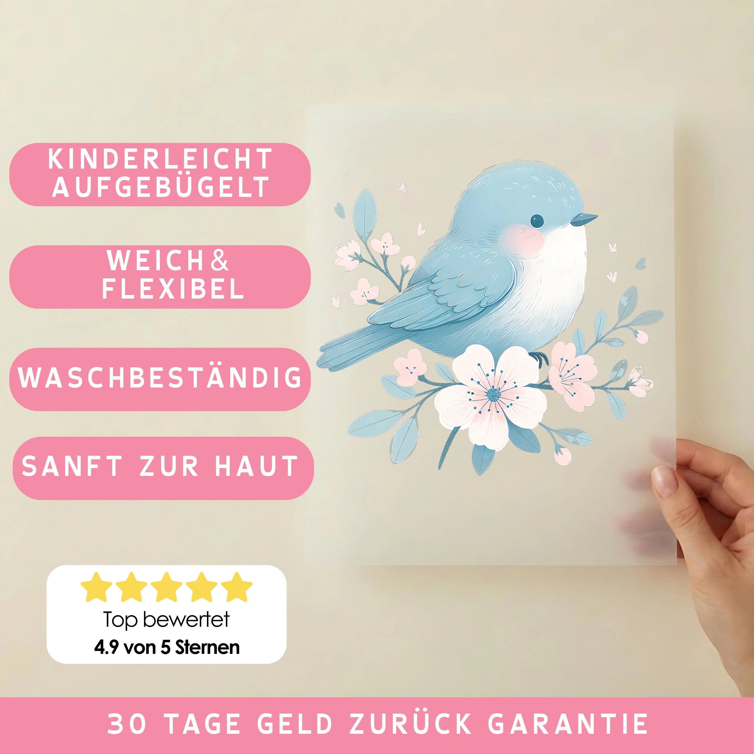 Bügelbild Blauer Blüten Vogel