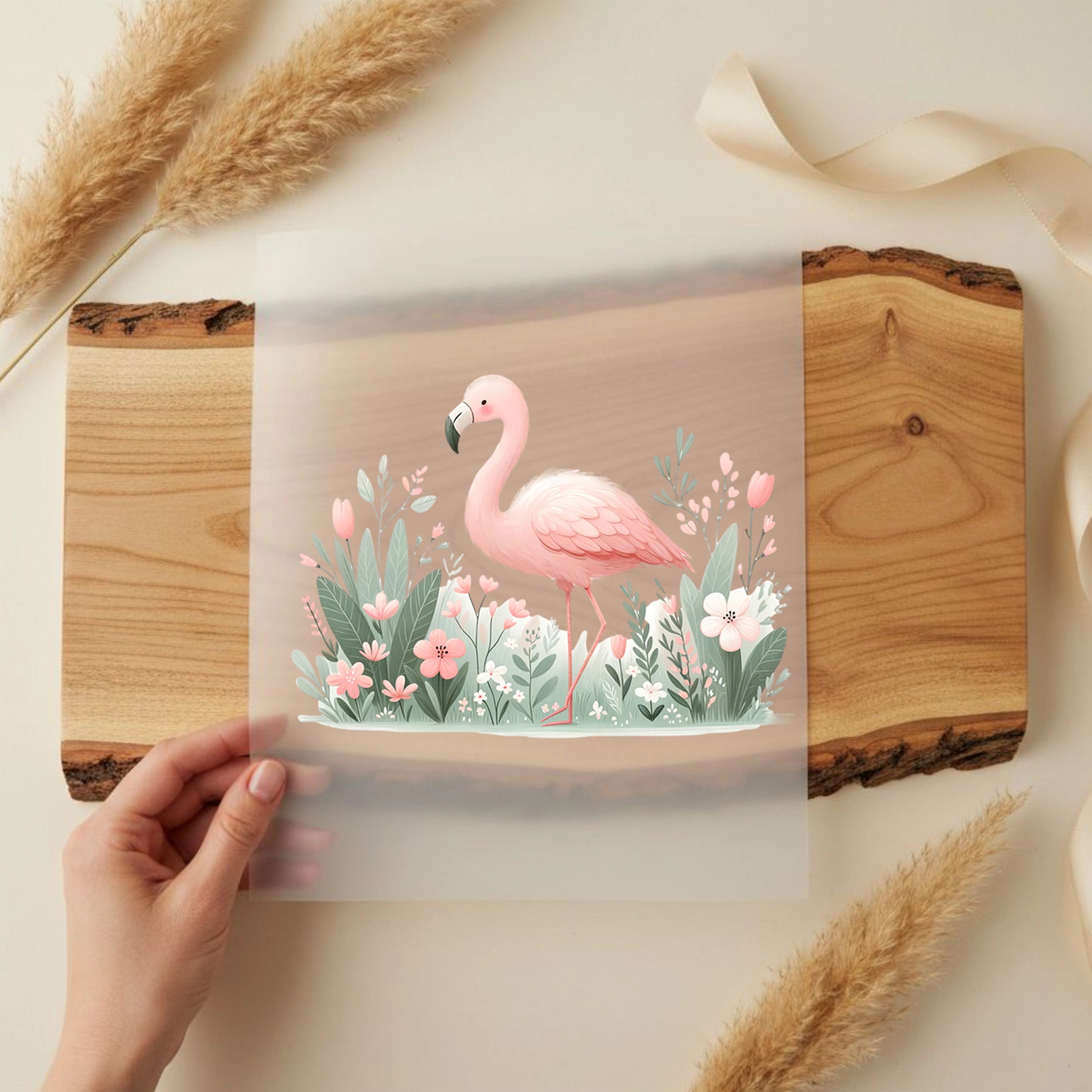 Bügelbild Blüten Flamingo Rosafeder