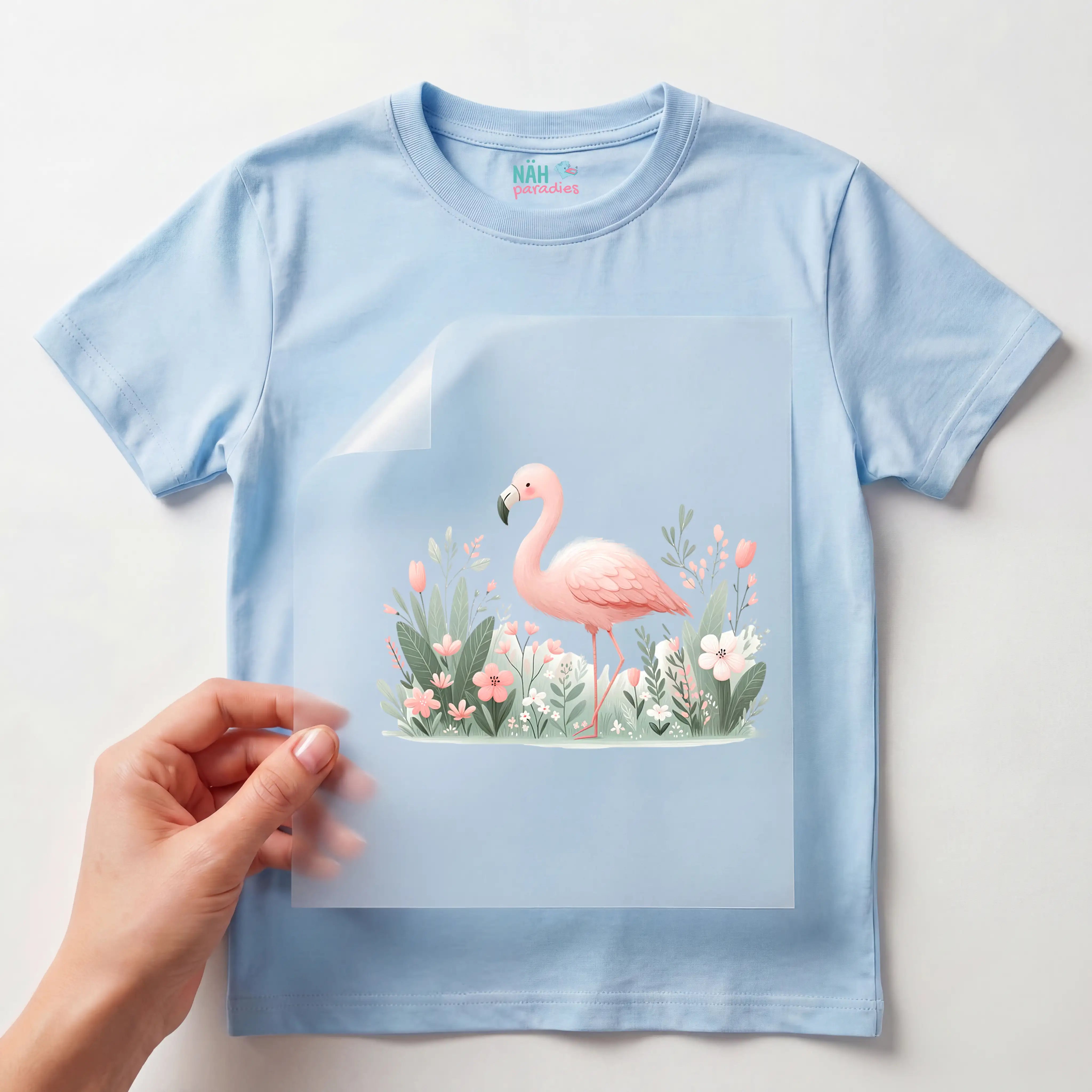 Bügelbild Blüten Flamingo Rosafeder