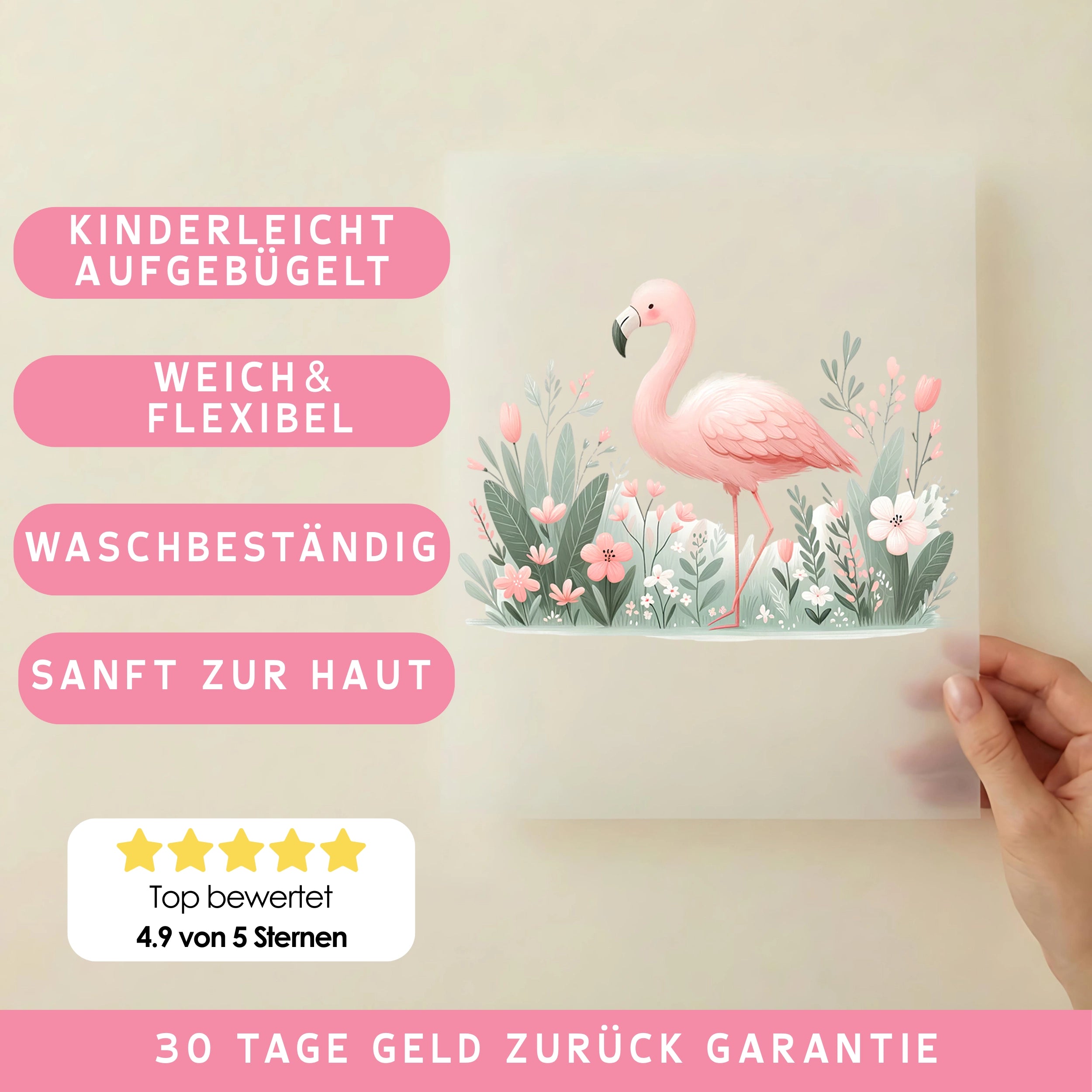 Bügelbild Blüten Flamingo Rosafeder