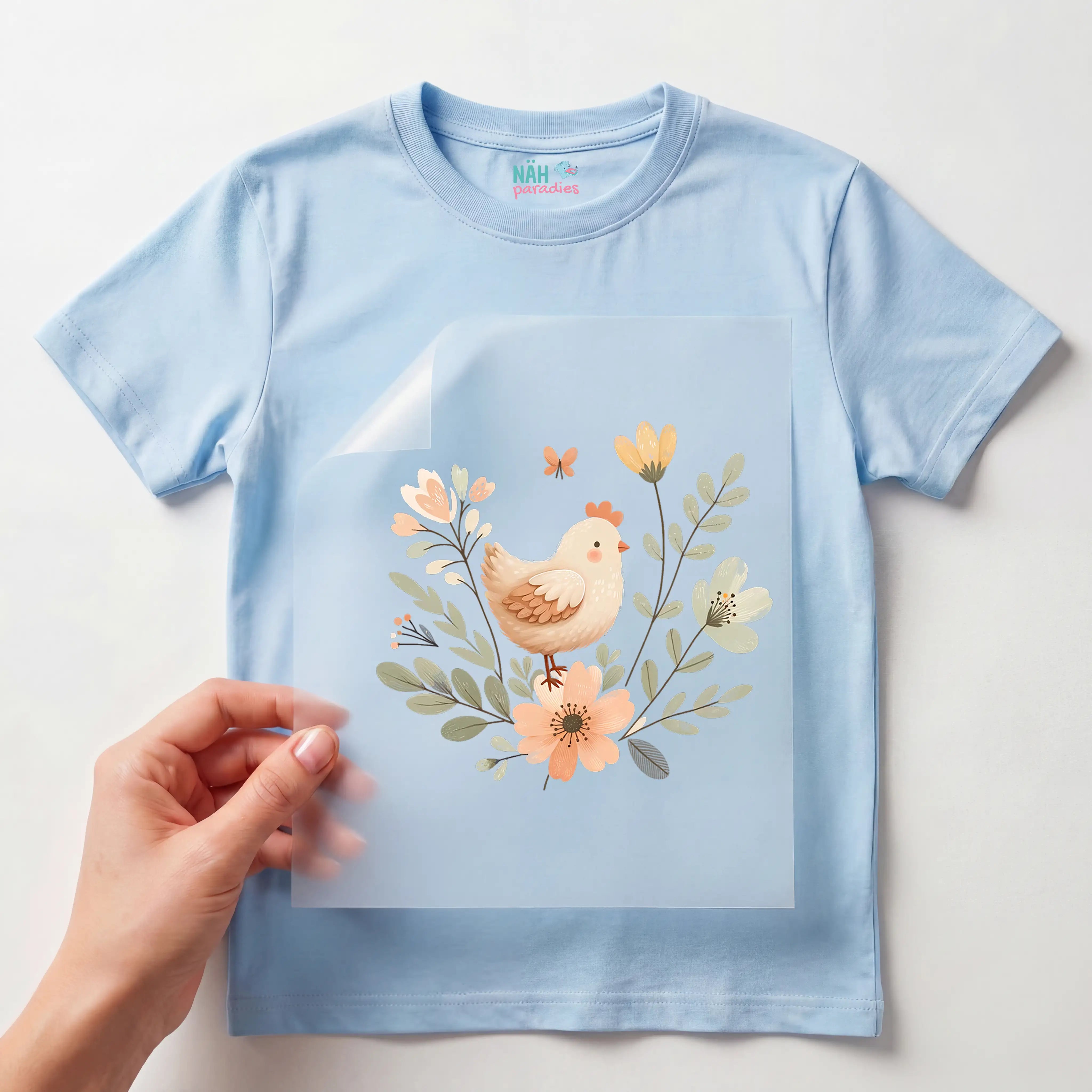Bügelbild Blüten Huhn