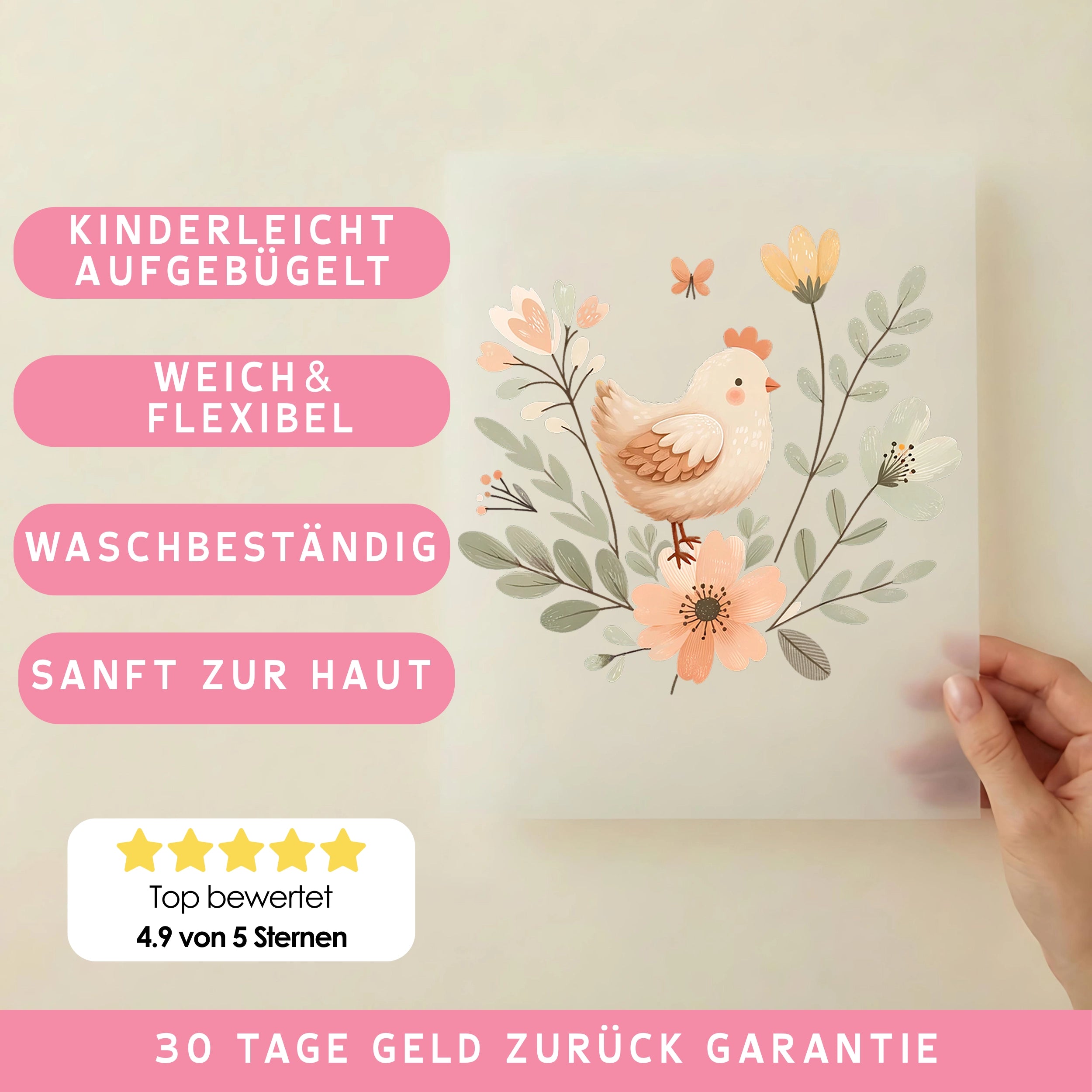 Bügelbild Blüten Huhn