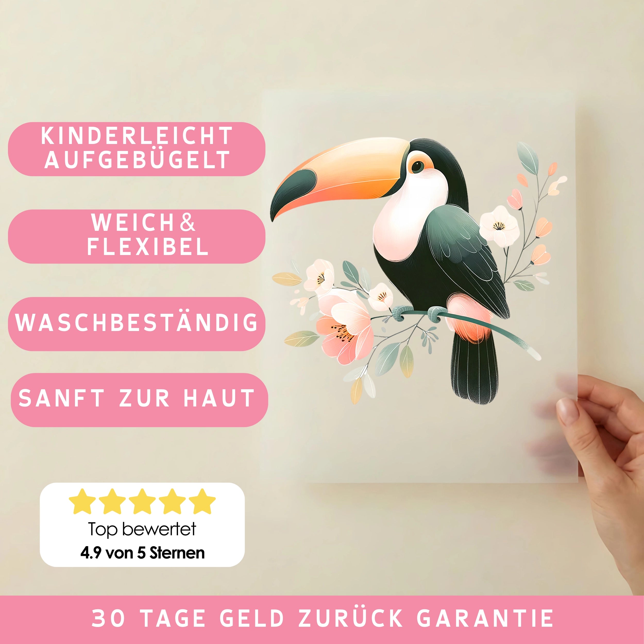 Bügelbild Blüten Tukan