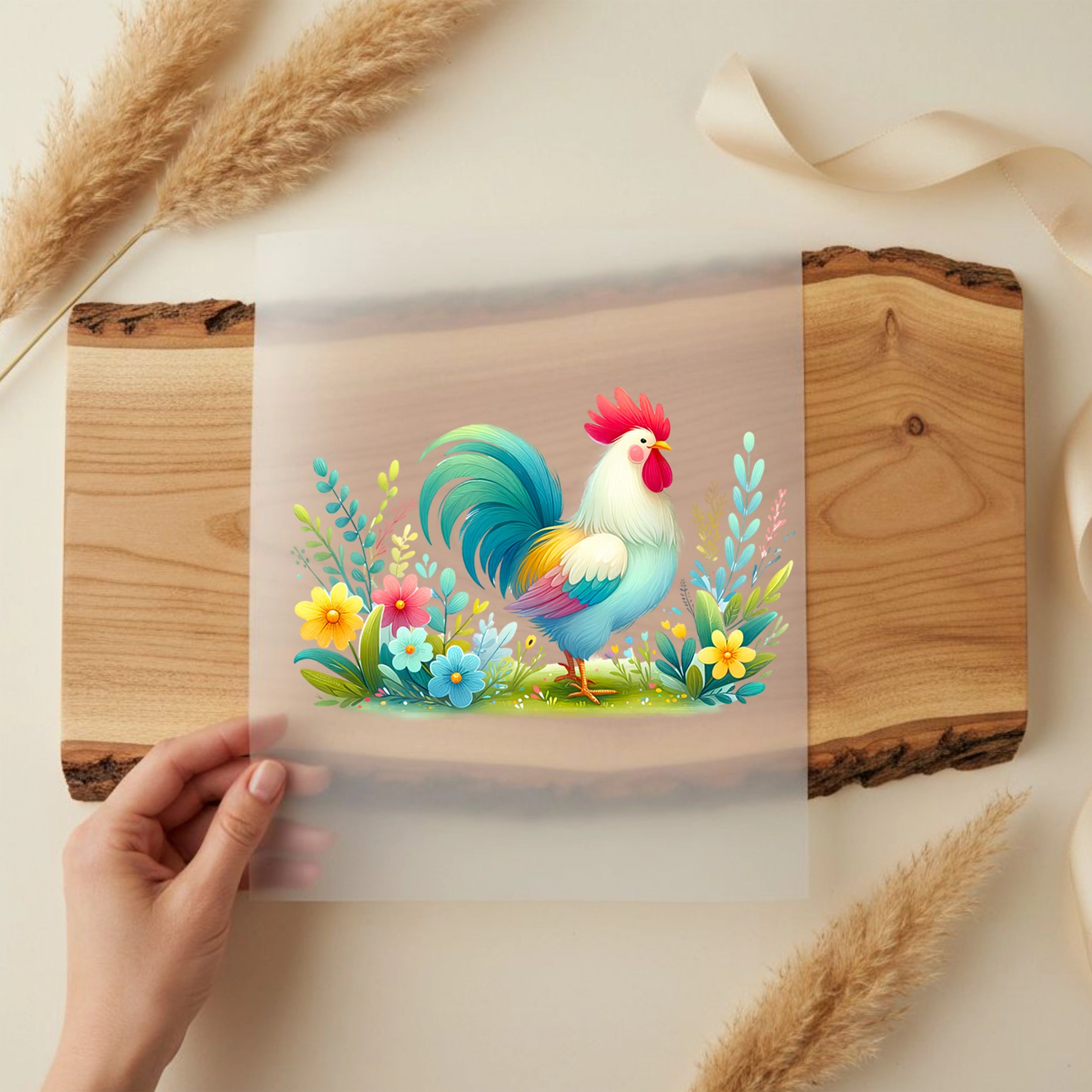 Bügelbild Blüten Hahn