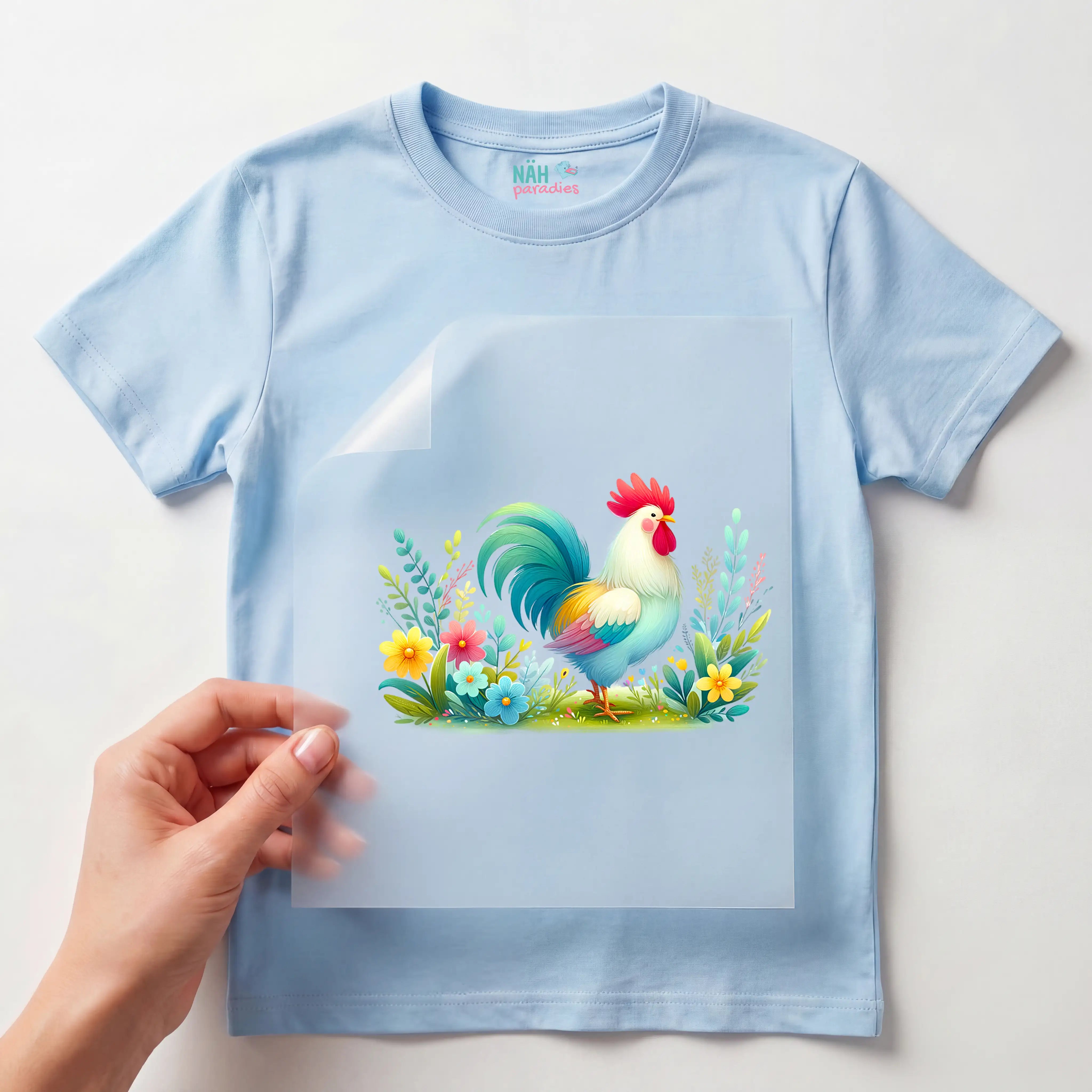 Bügelbild Blüten Hahn