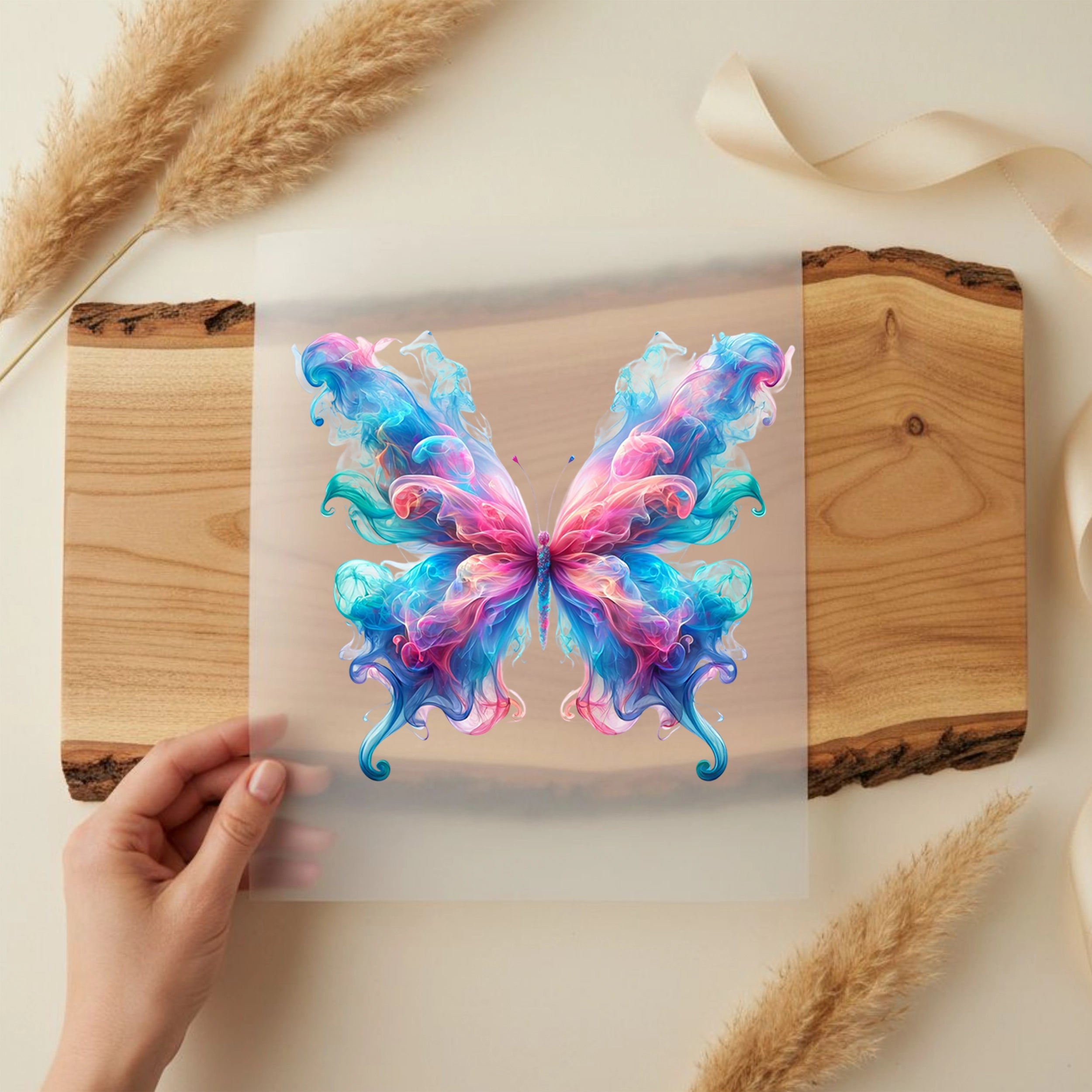 Bügelbild Rauch Schmetterling Blau Pink