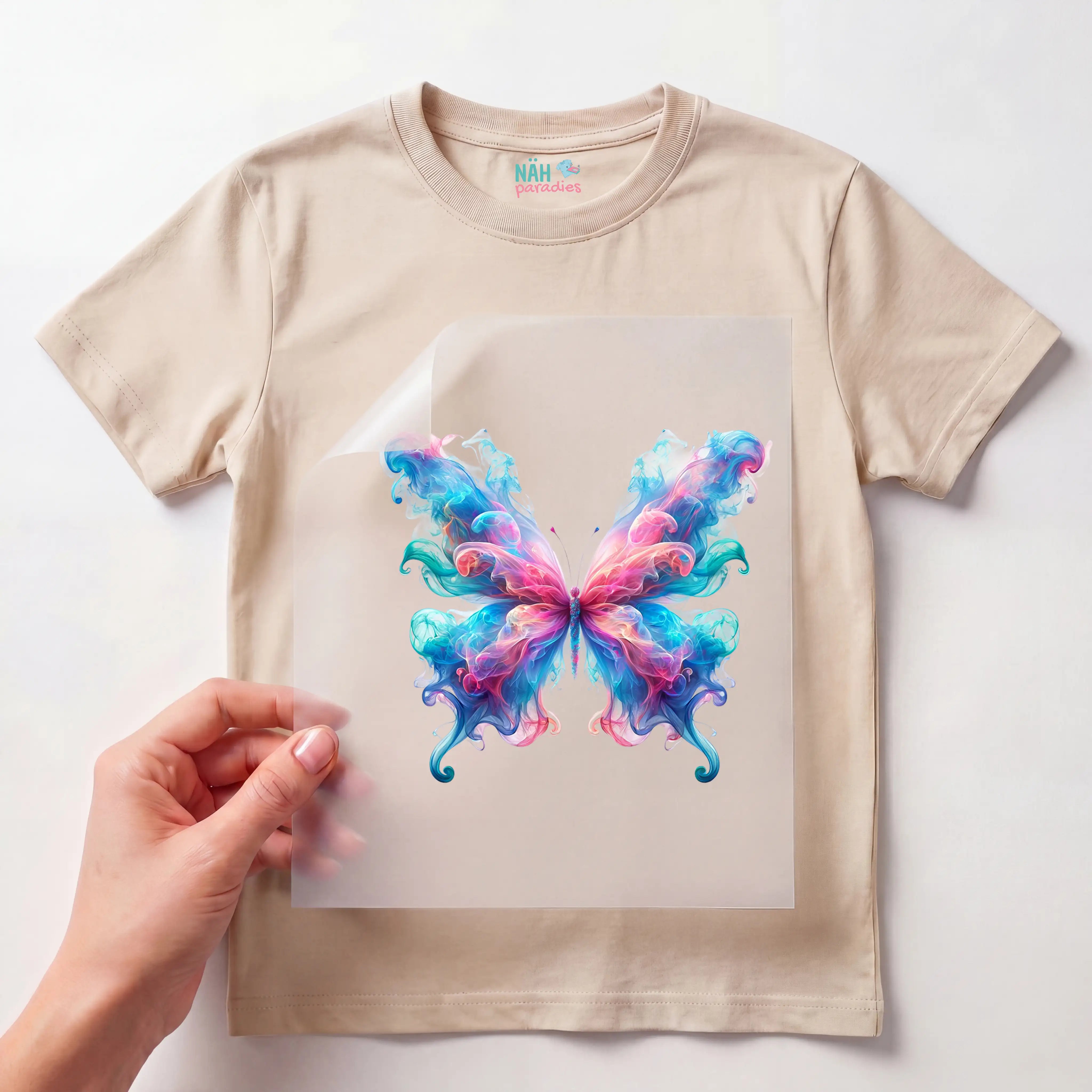Bügelbild Rauch Schmetterling Blau Pink