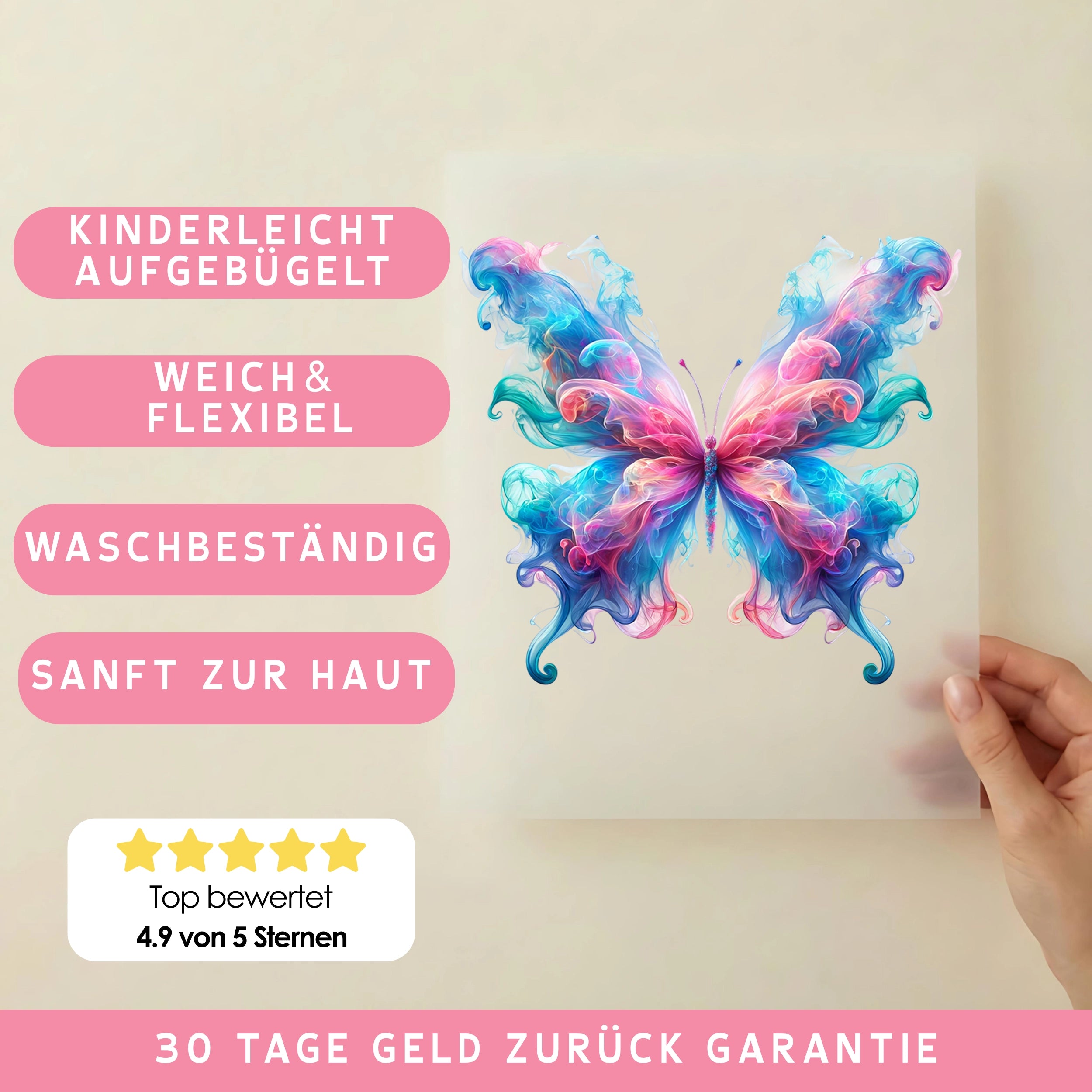 Bügelbild Rauch Schmetterling Blau Pink