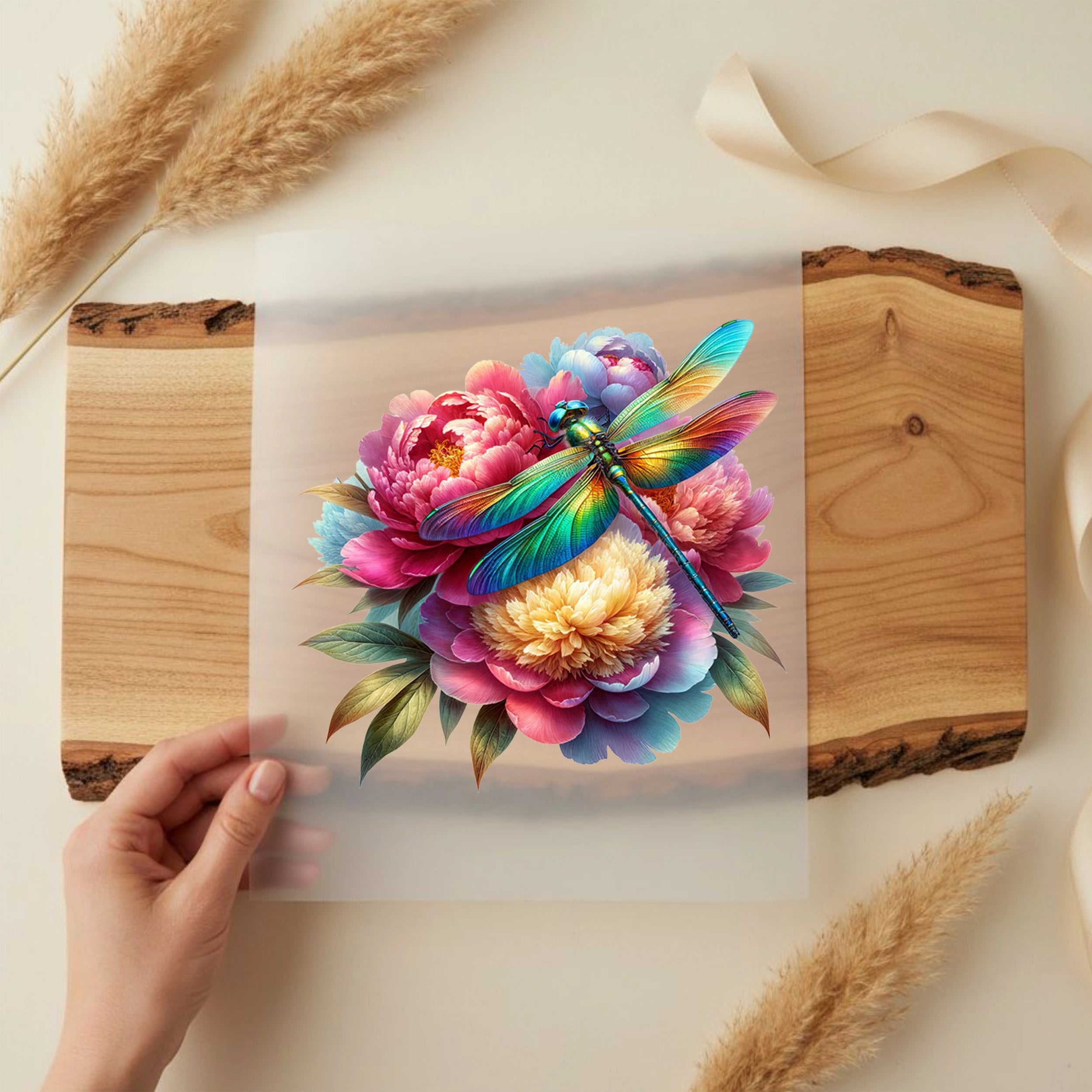 Bügelbild Bunte Libelle auf Pfingstrosen