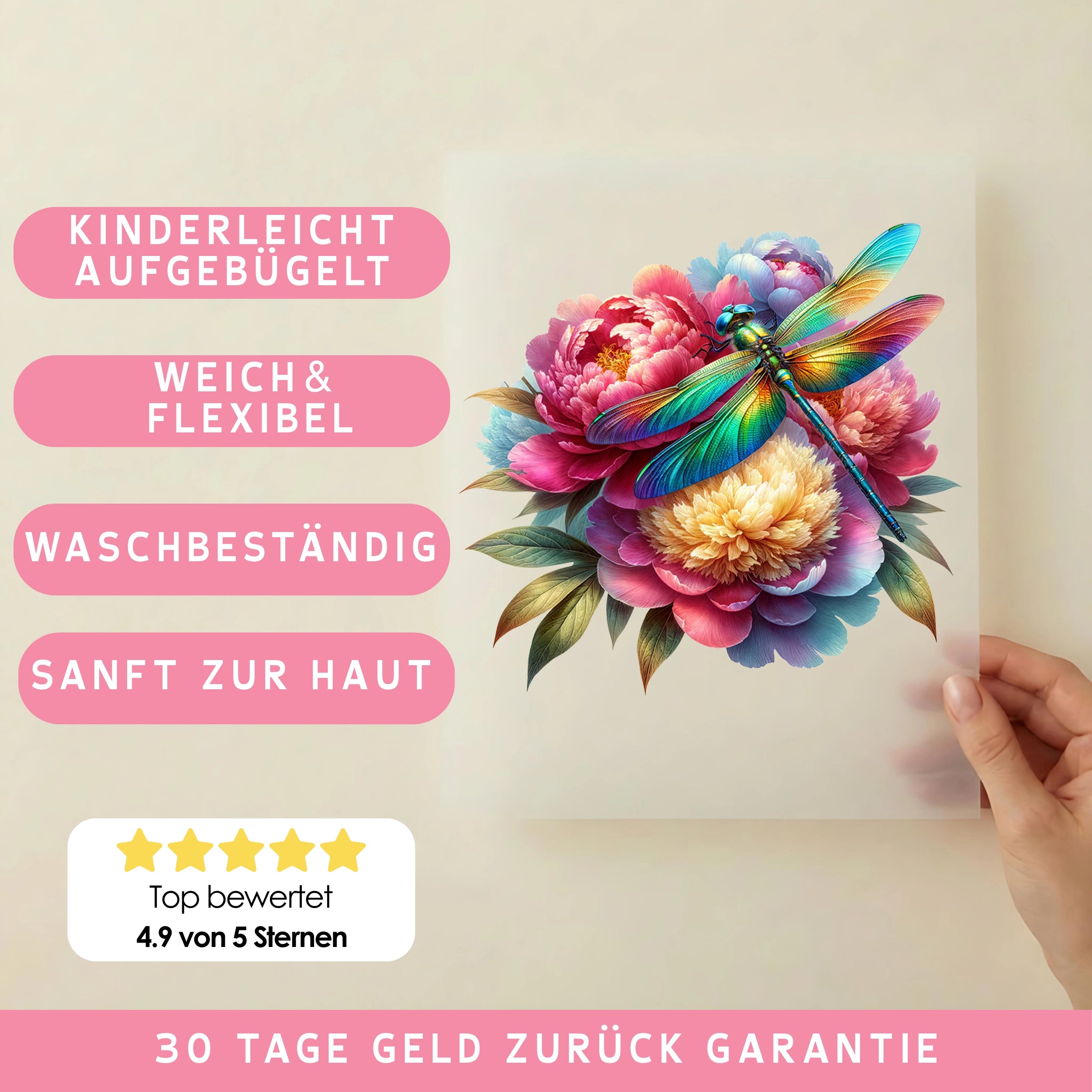 Bügelbild Bunte Libelle auf Pfingstrosen