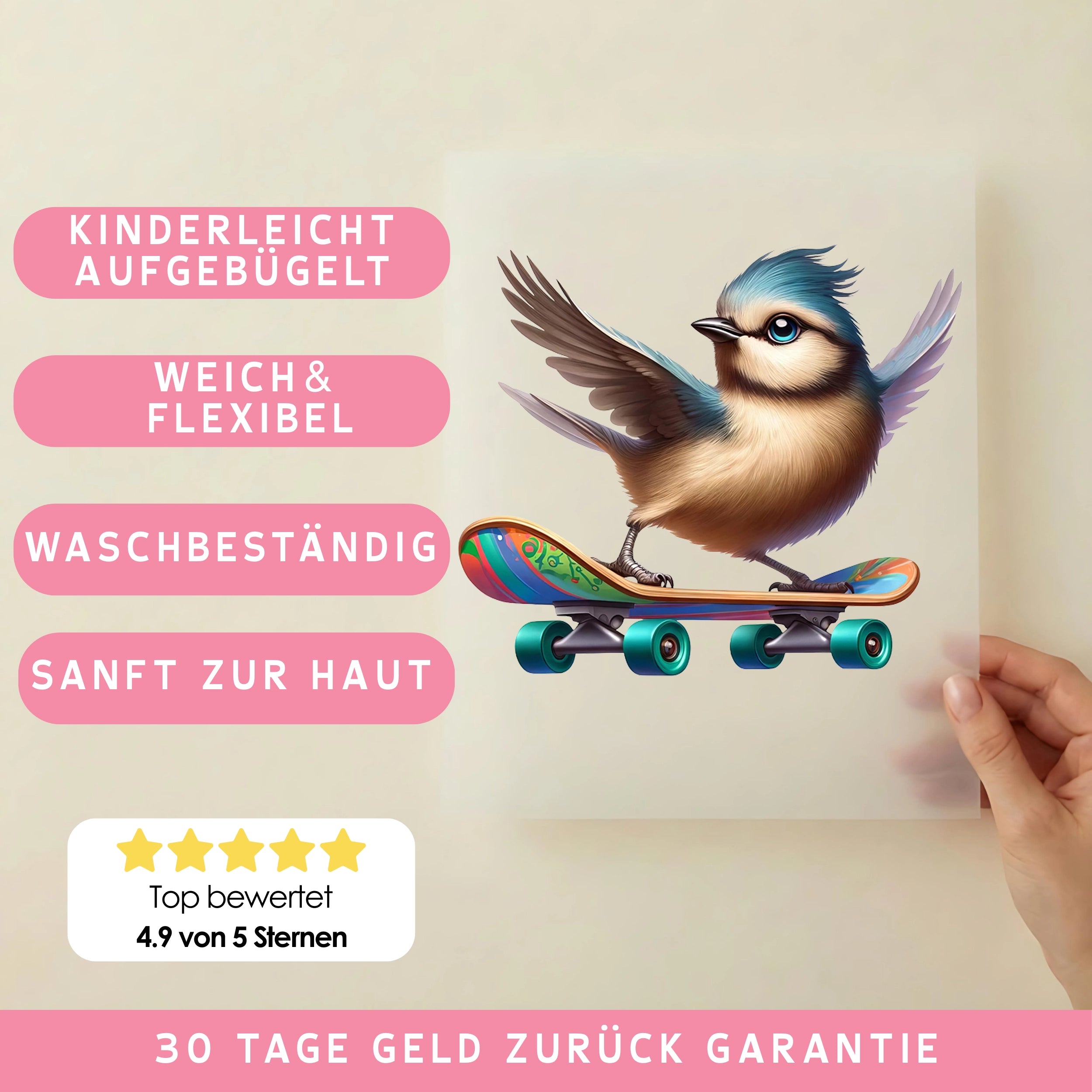 Bügelbild Skateboard Piepmatz