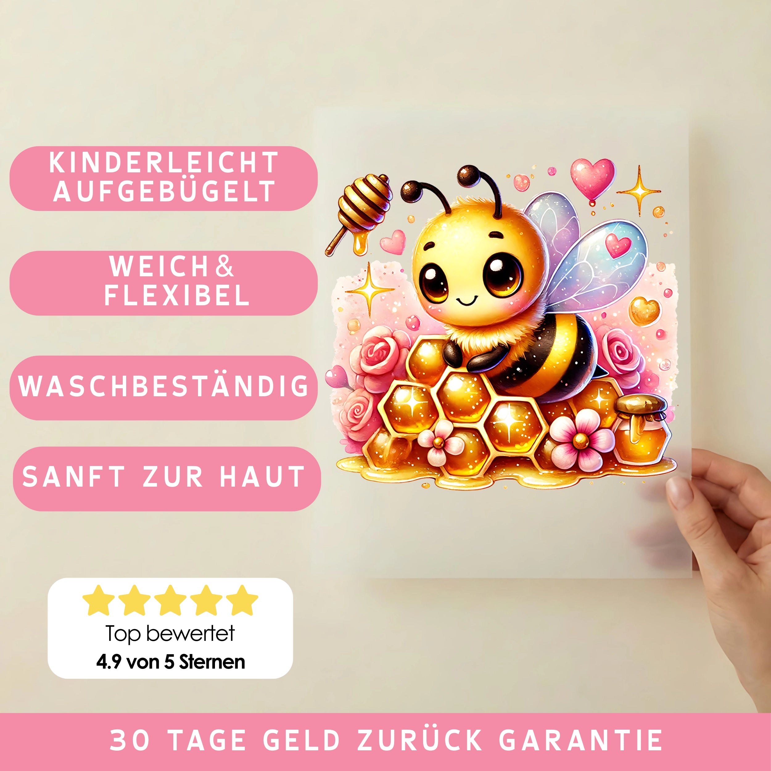 Bügelbild Süße Biene mit Honigwabe