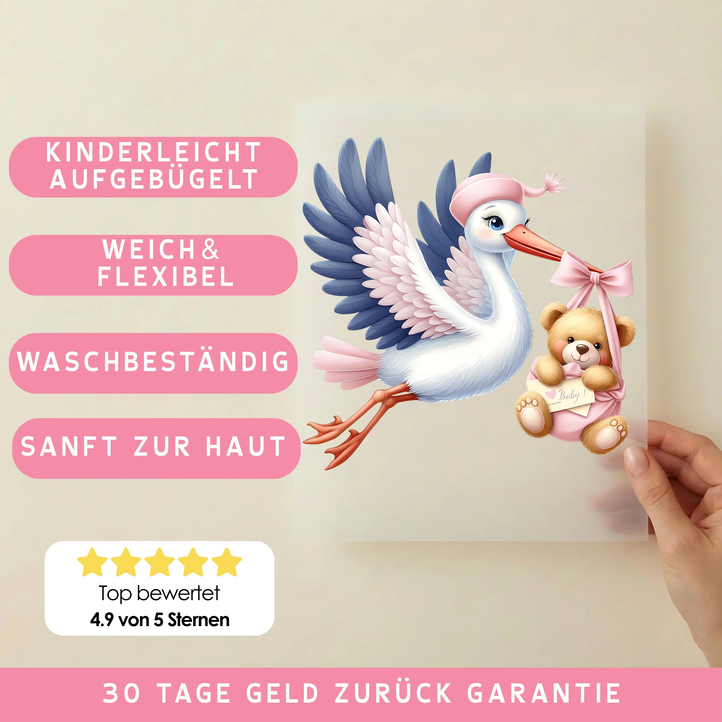 Bügelbild Storch Babyglück Mädchen