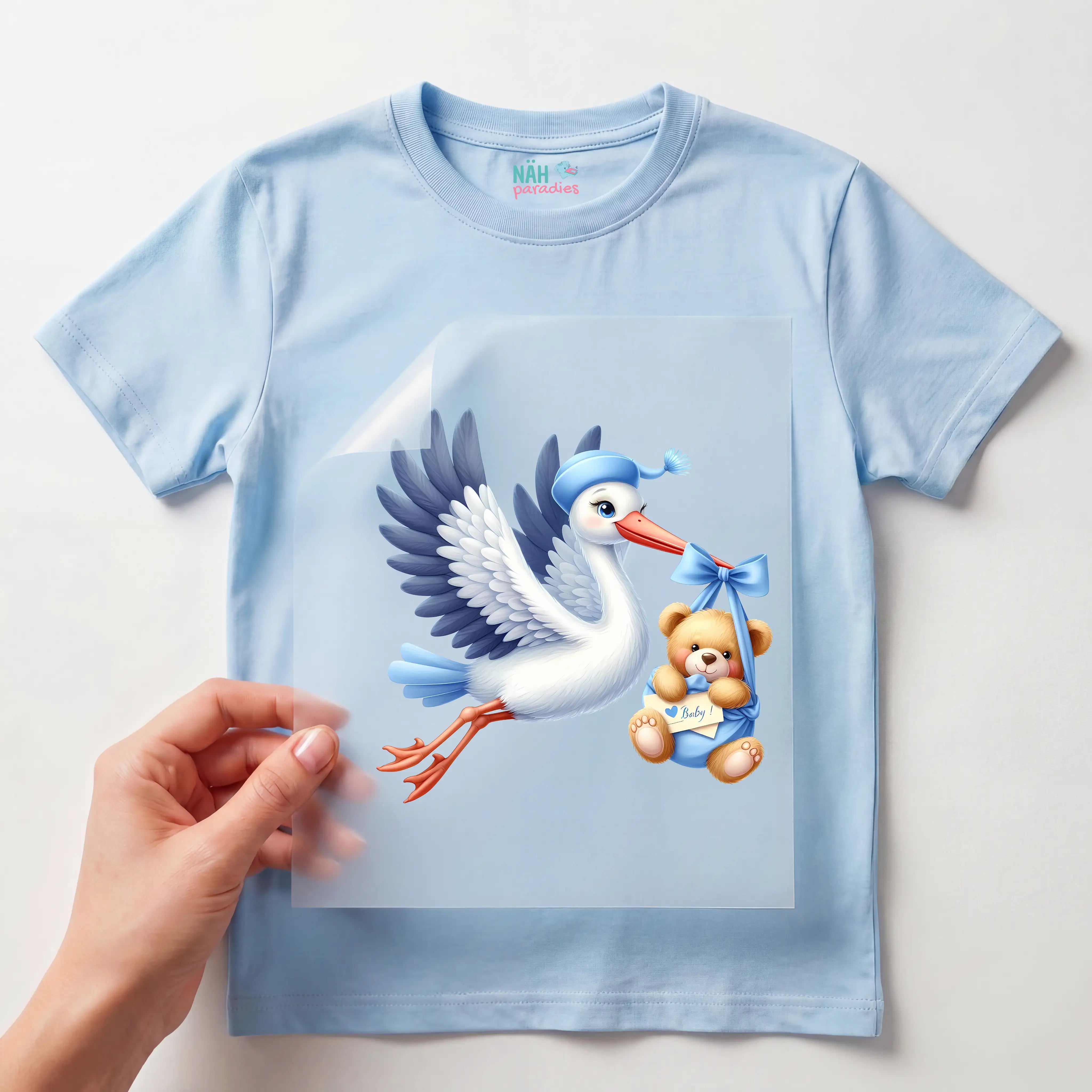 Bügelbild Storch Babyglück Junge