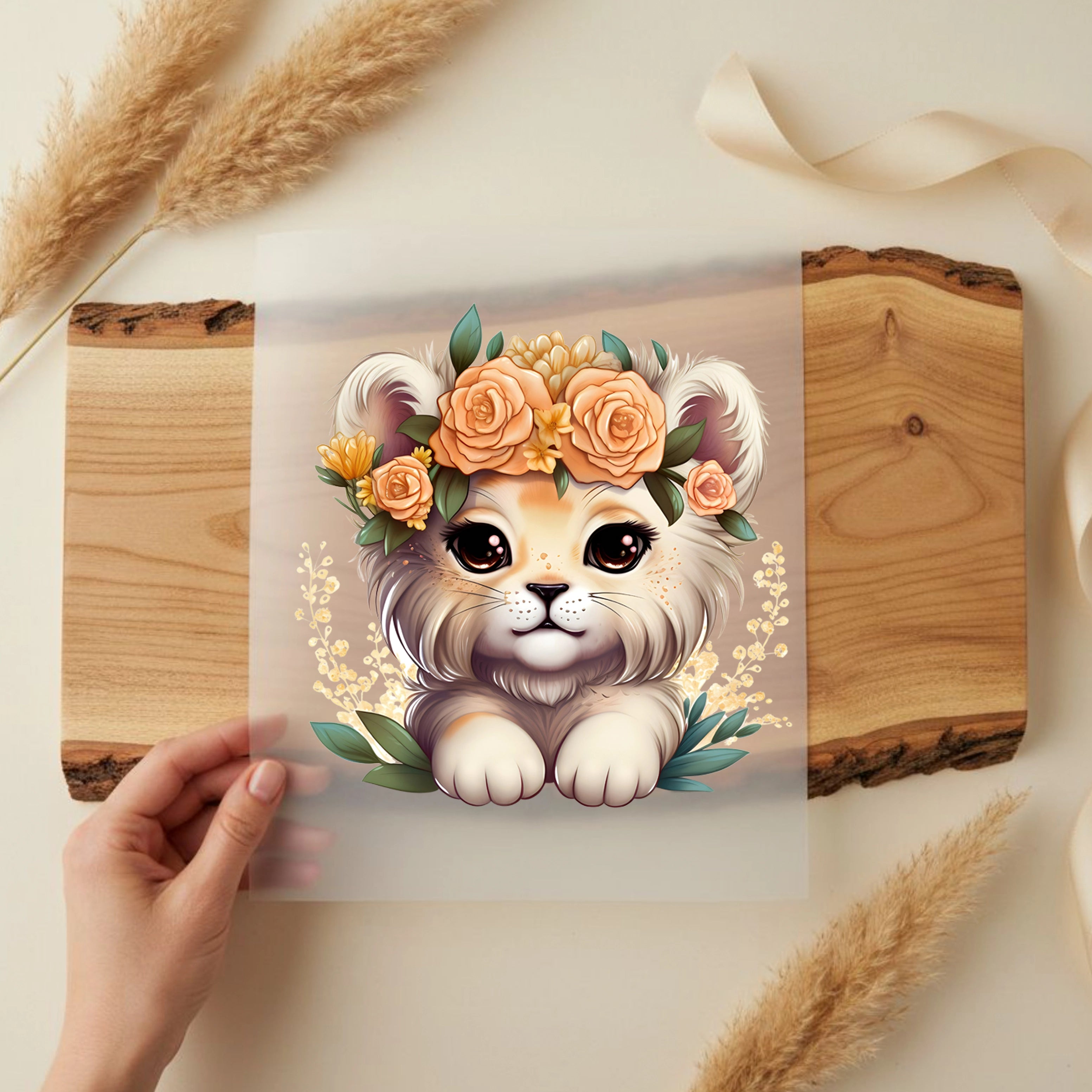 Bügelbild Löwe Baby Blumen