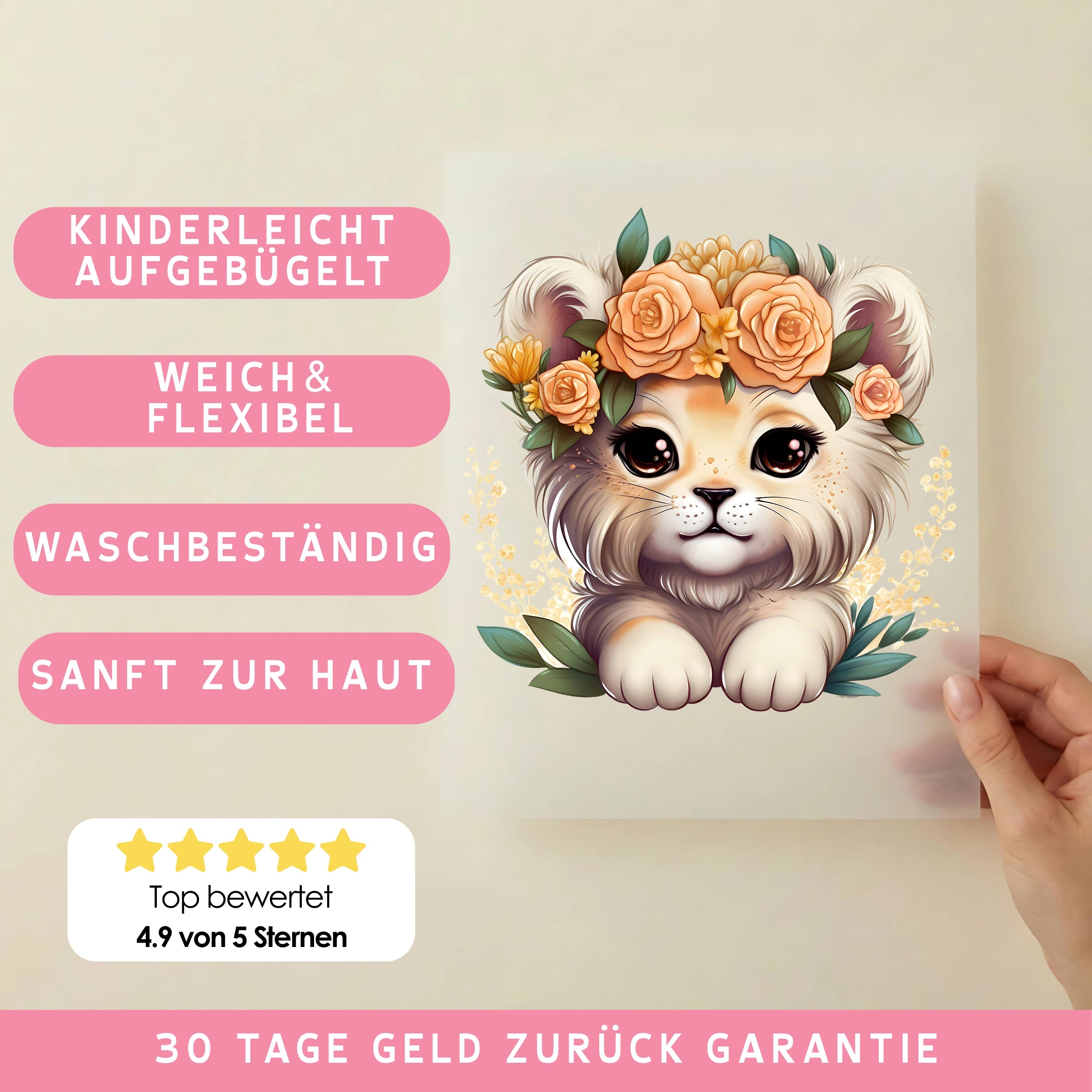 Bügelbild Löwe Baby Blumen