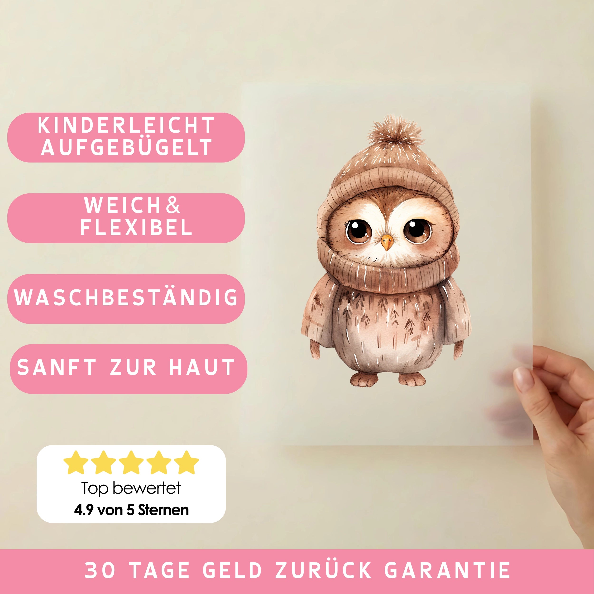 Bügelbild Winter Eule Theo Beige