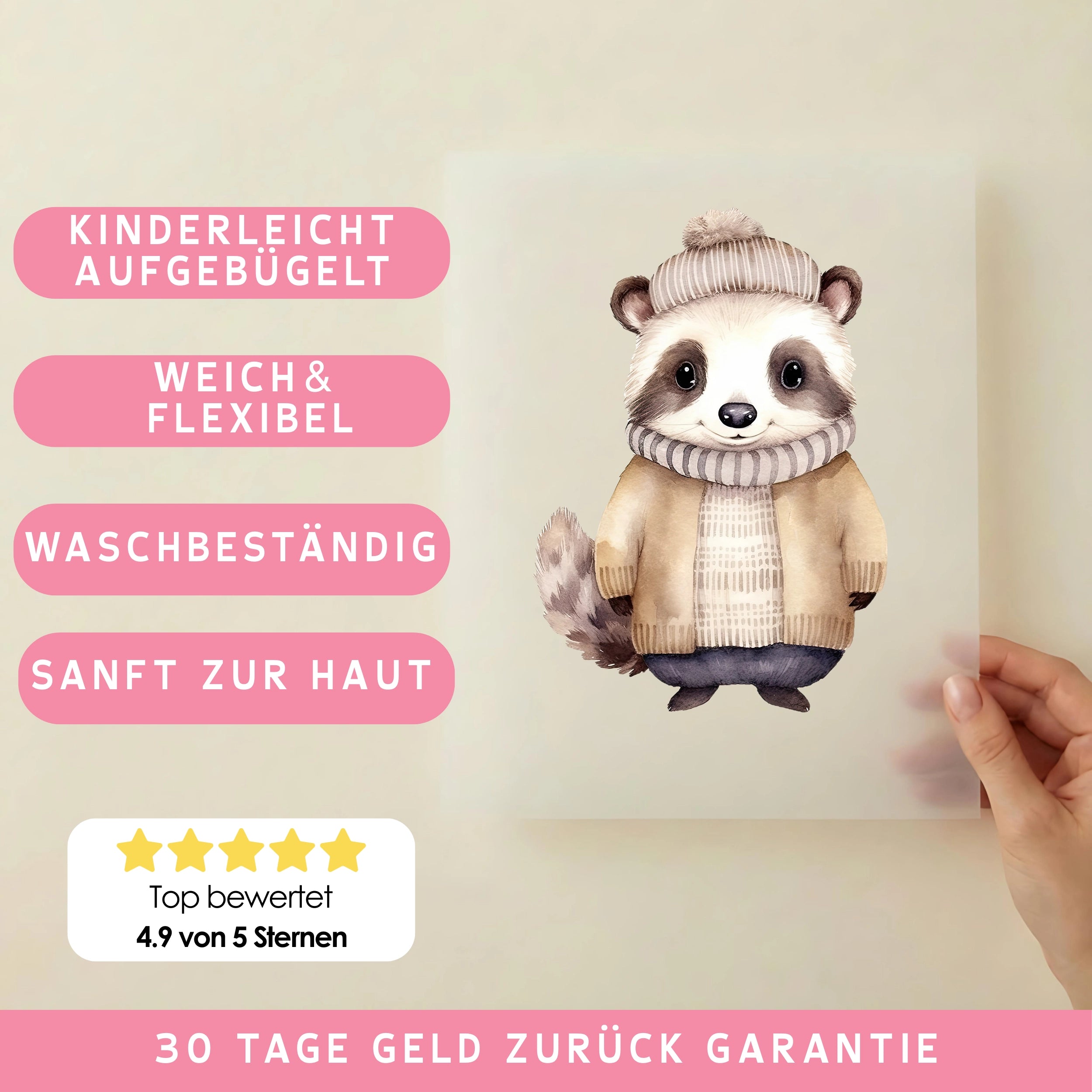 Bügelbild Winter Waschbär Hugo Beige