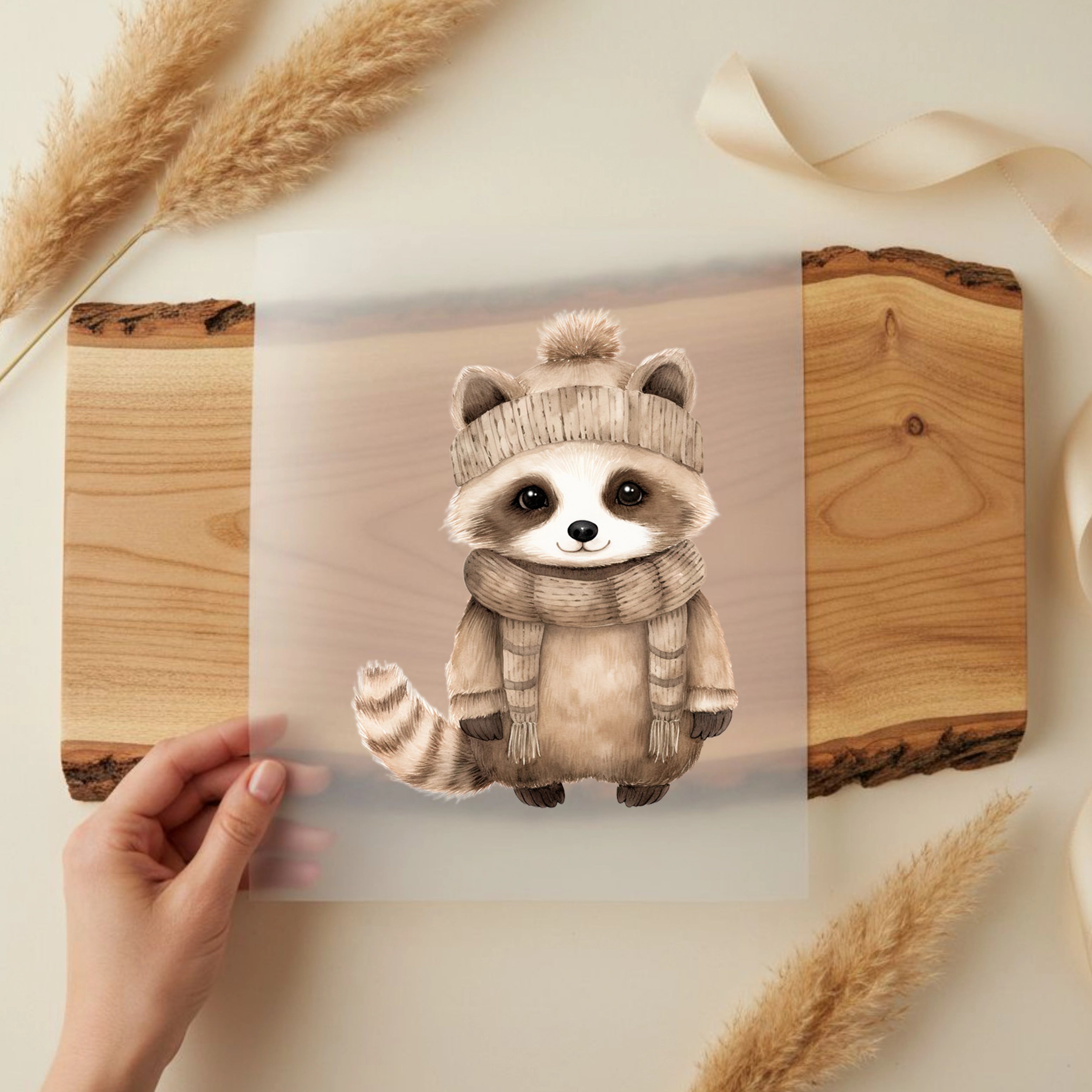 Bügelbild Winter Waschbärchen Beige