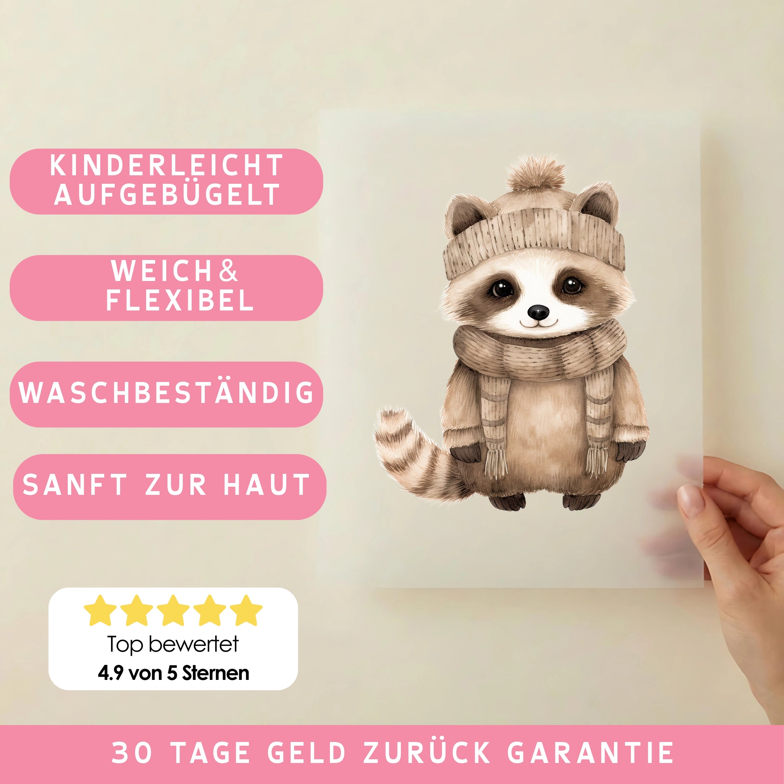 Bügelbild Winter Waschbärchen Beige