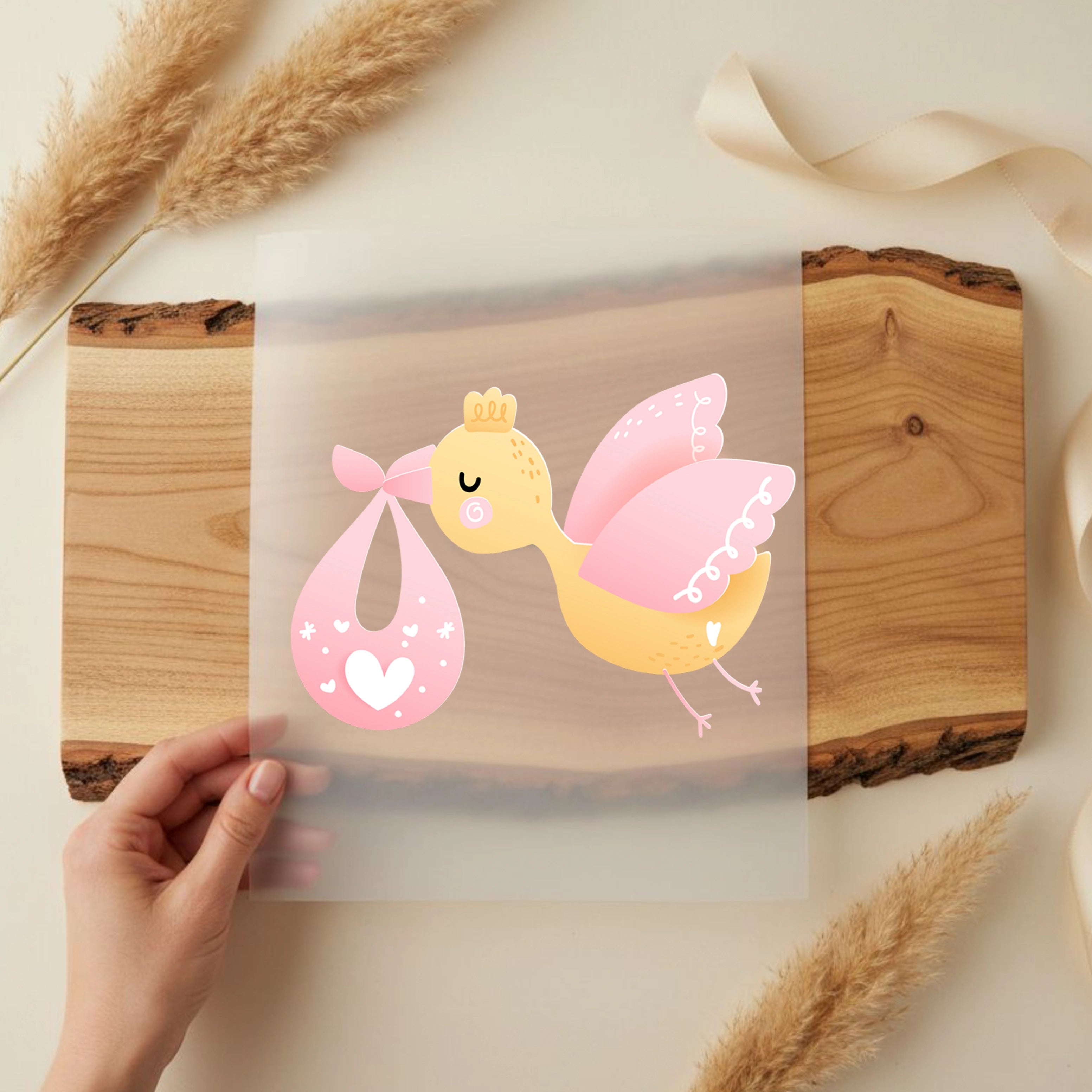 Bügelbild Storch Rosa