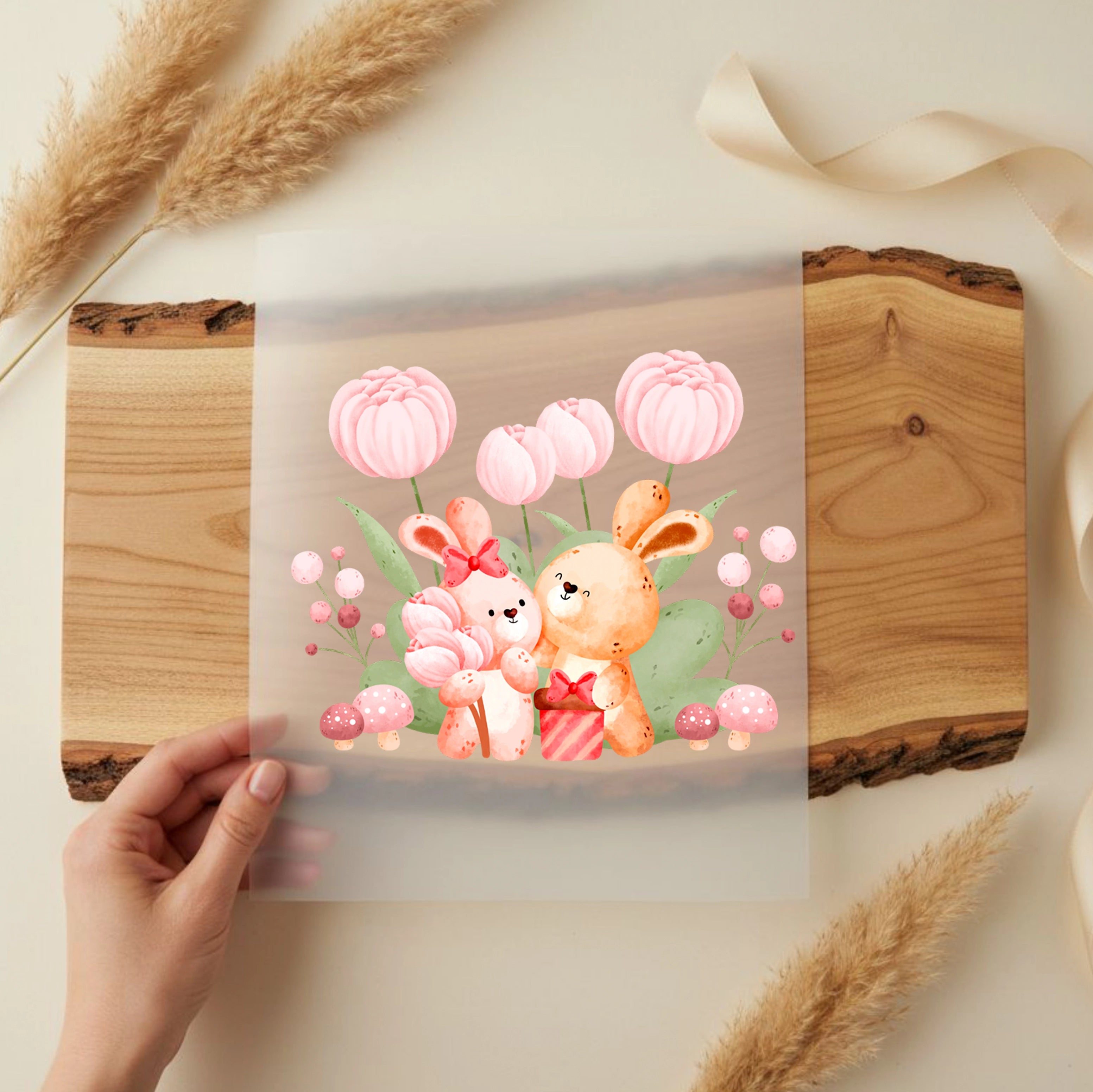 Bügelbild Frühlingsblüten Hasen