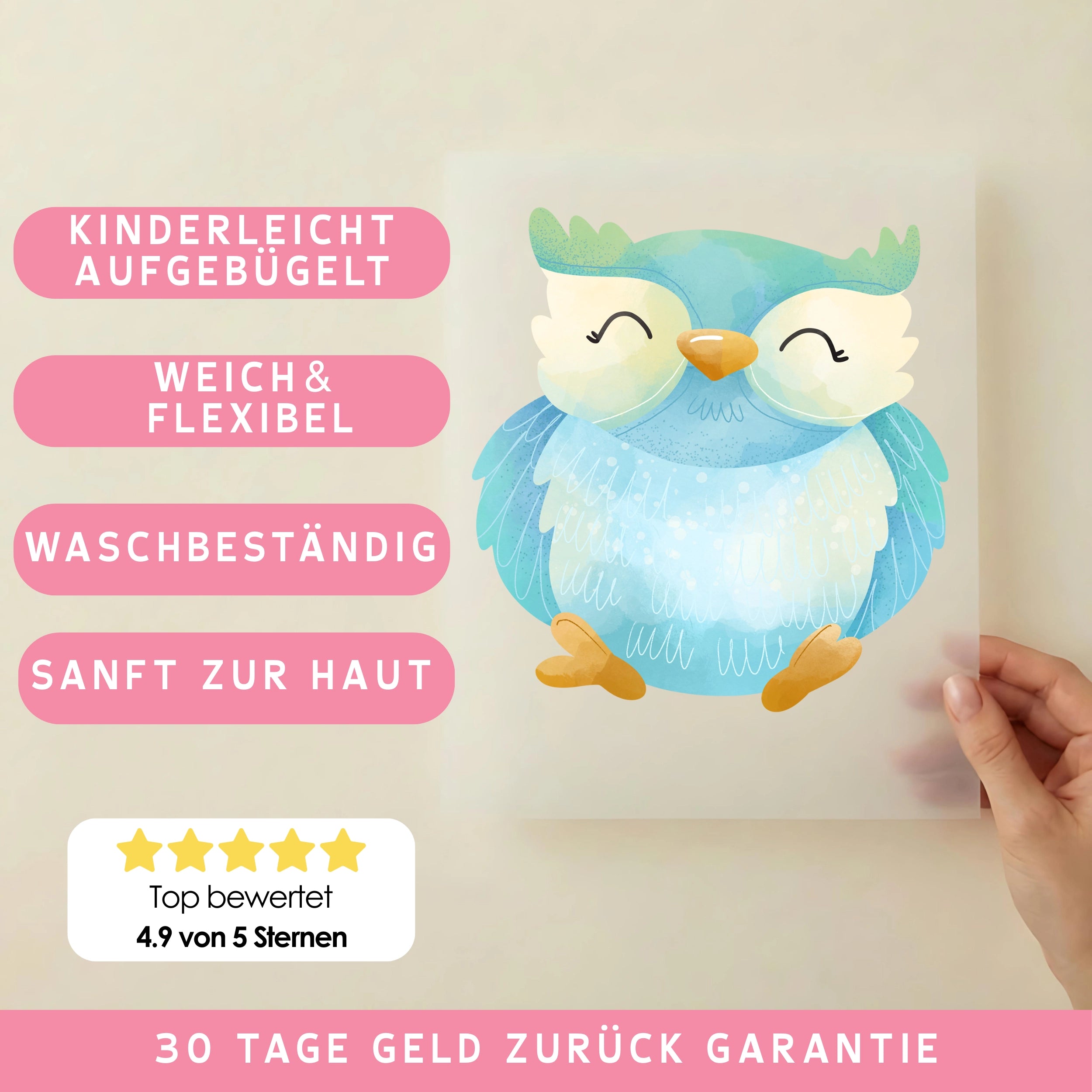 Bügelbild Eule Blauer Federfreund