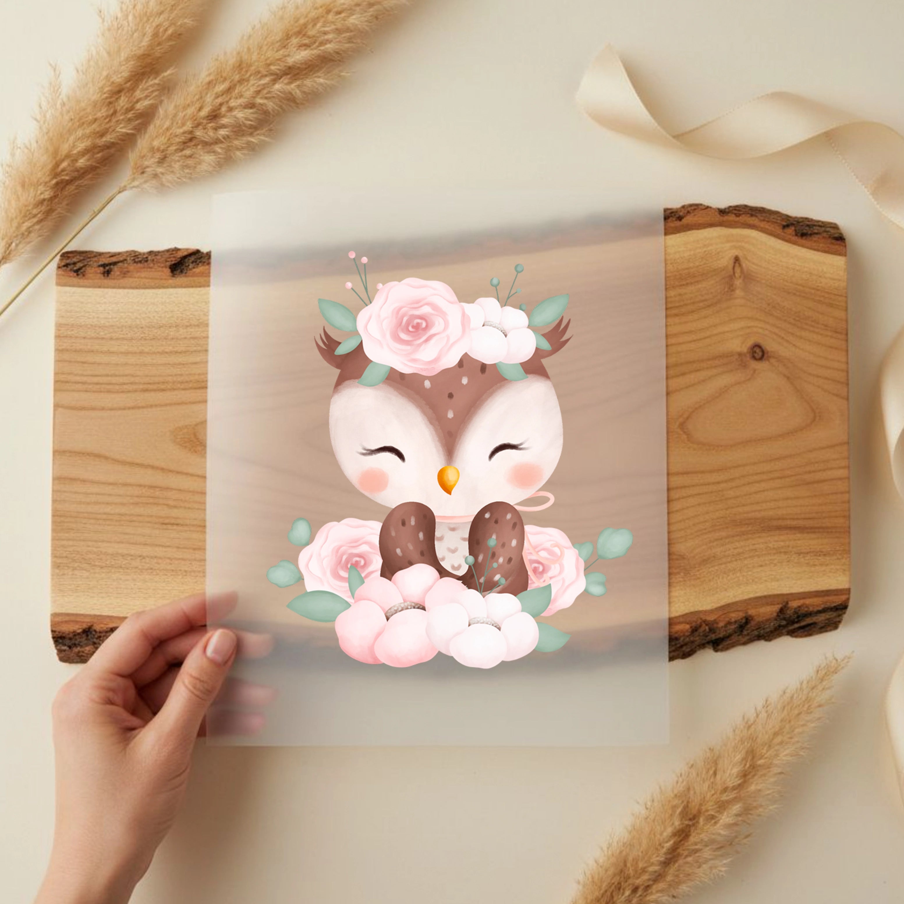 Bügelbild Blüten Eule