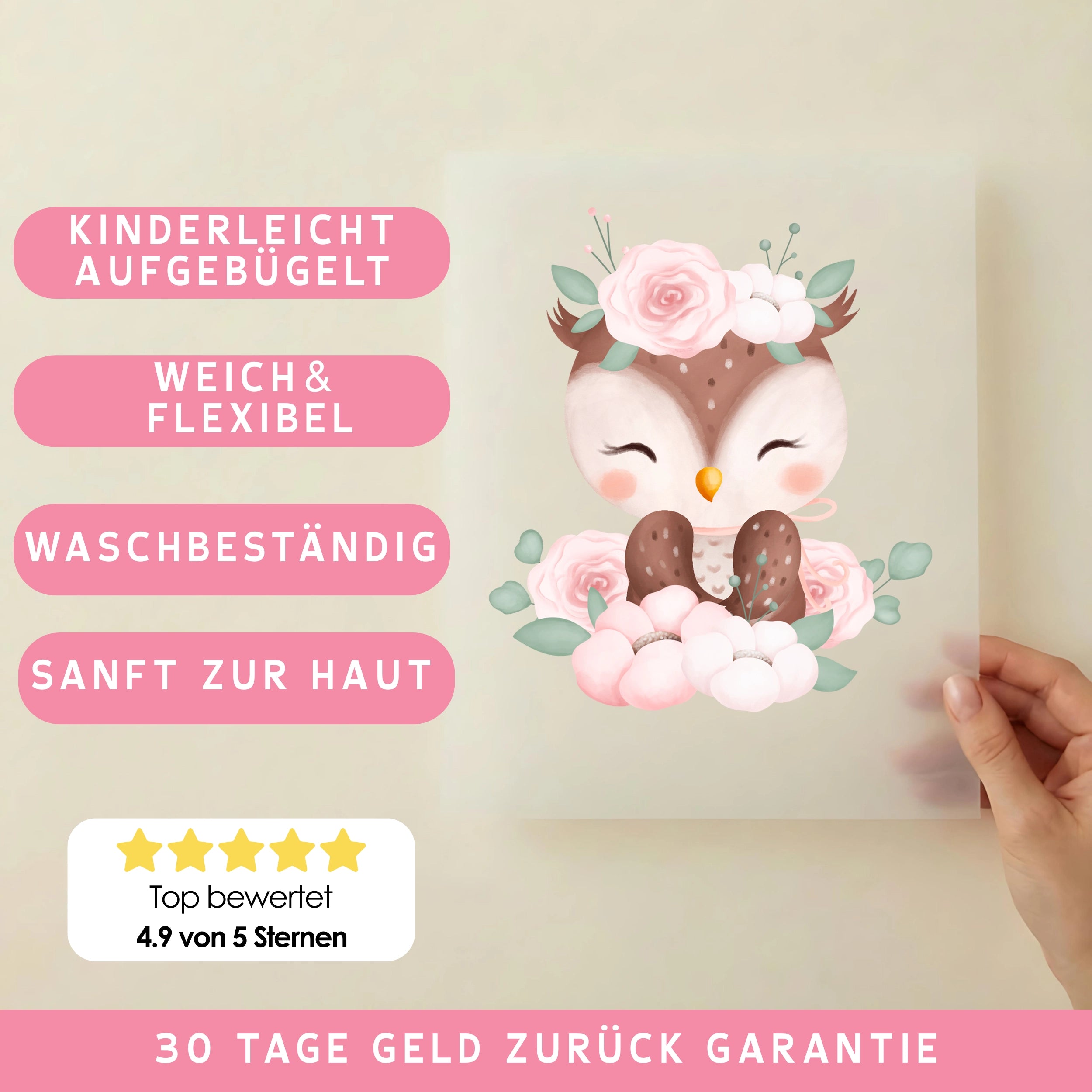 Bügelbild Blüten Eule