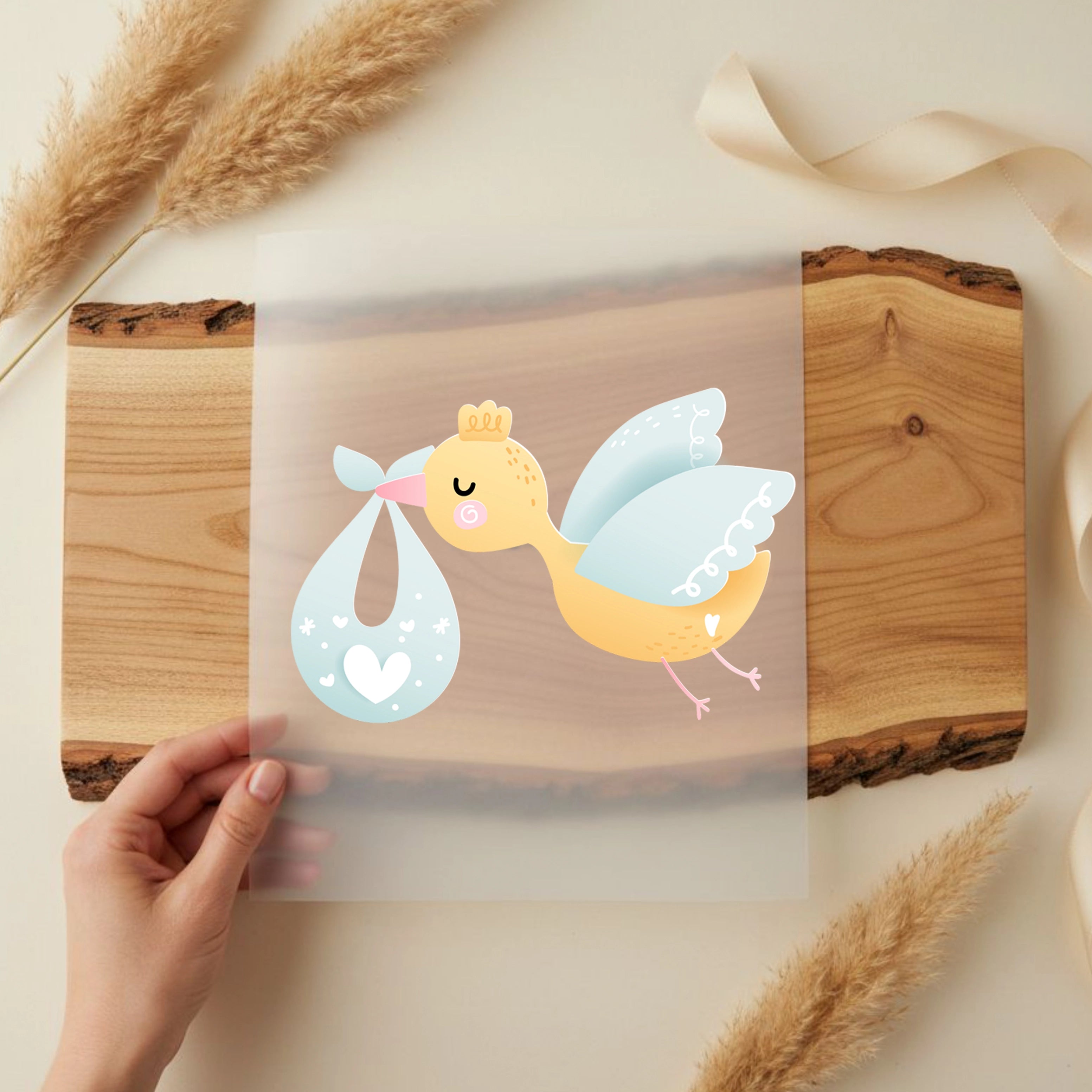 Bügelbild Storch blau