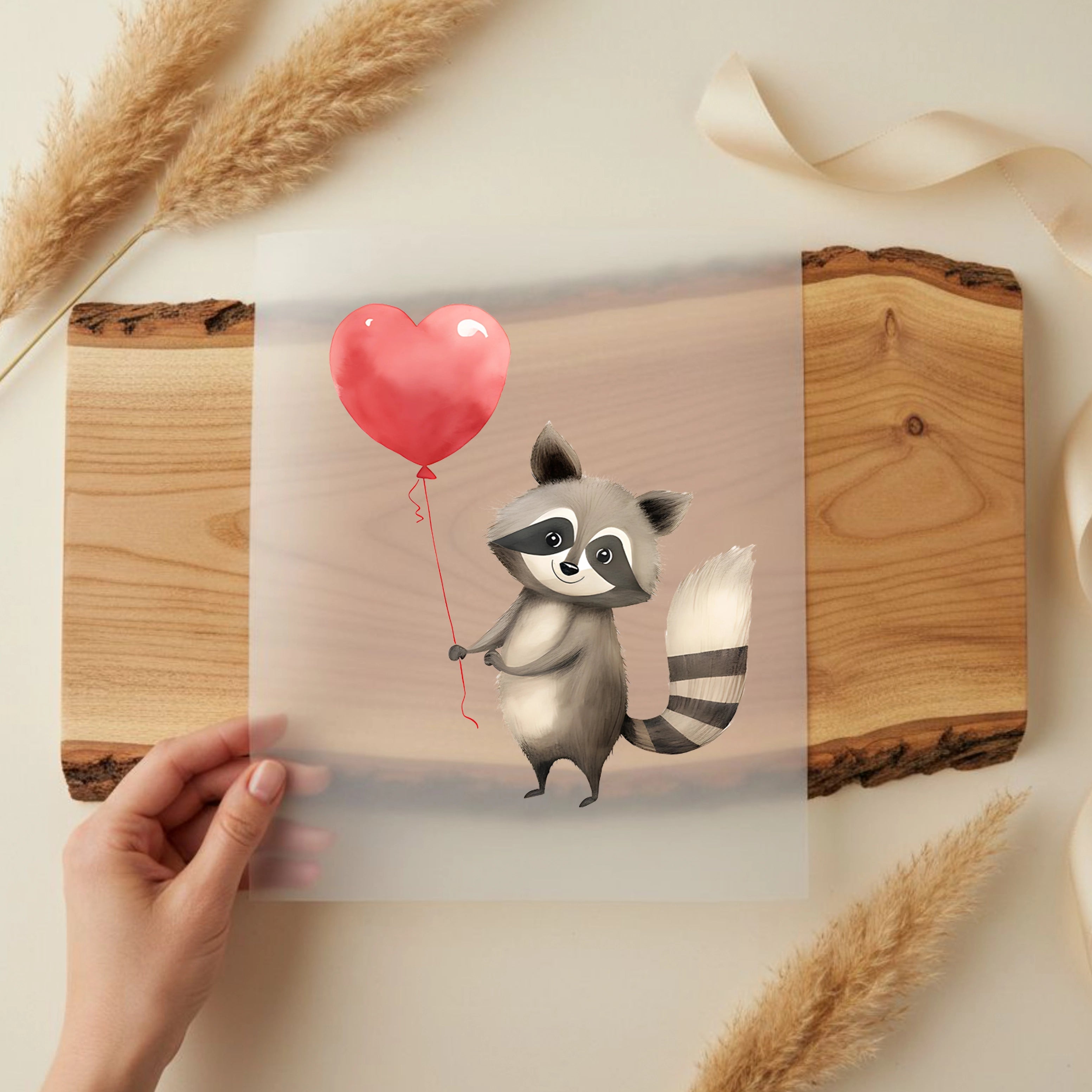 Bügelbild Waschbär Herzluftballon