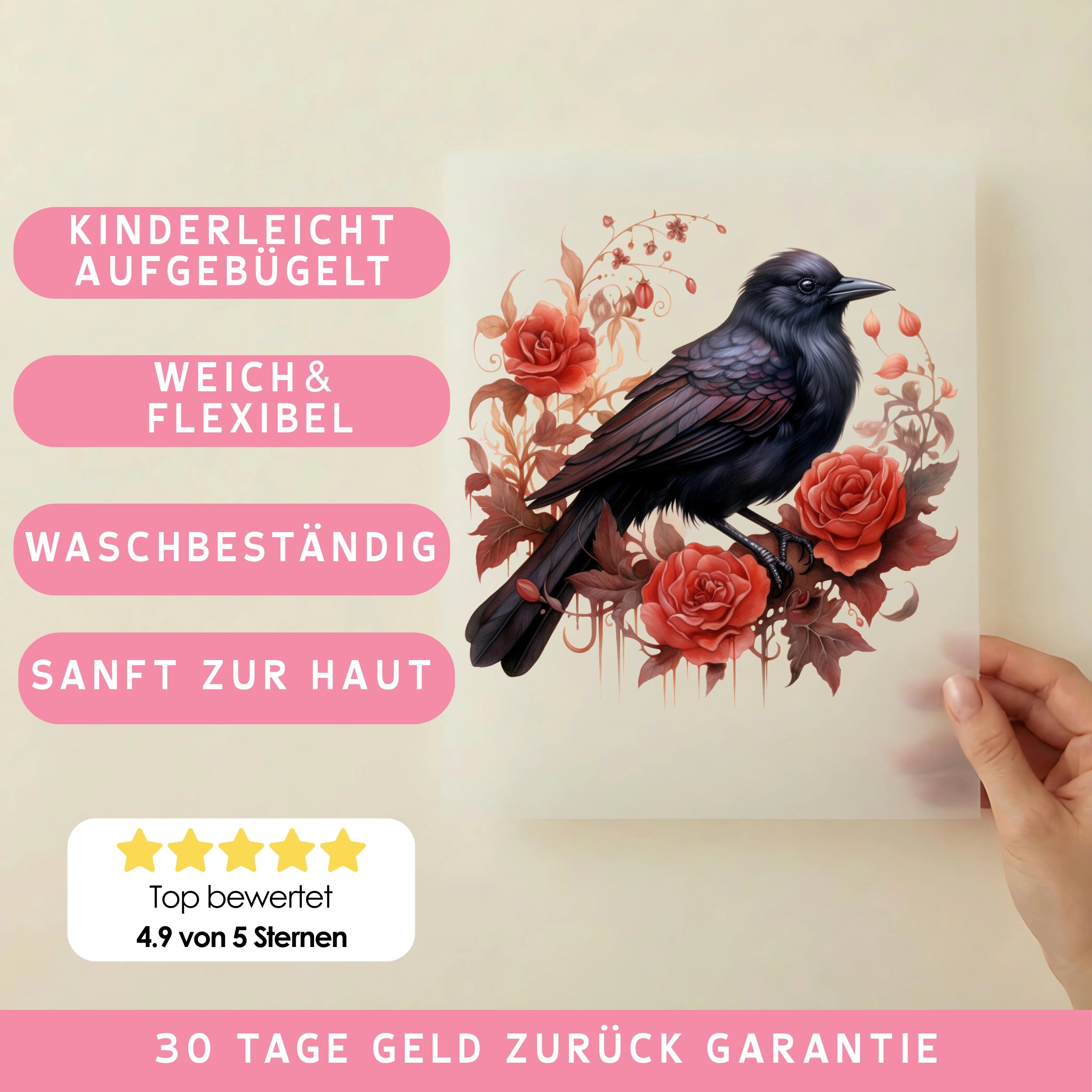 Bügelbild Schwarzer Rosen Vogel