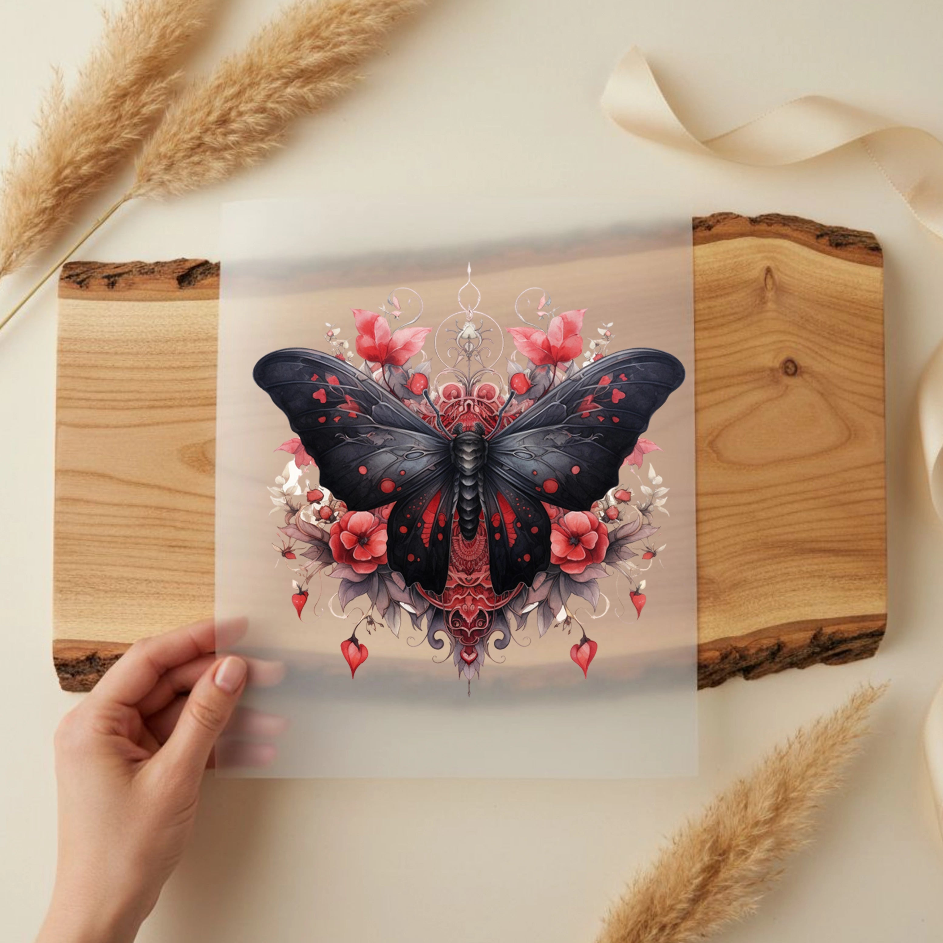 Bügelbild Schwarze Blüten Motte