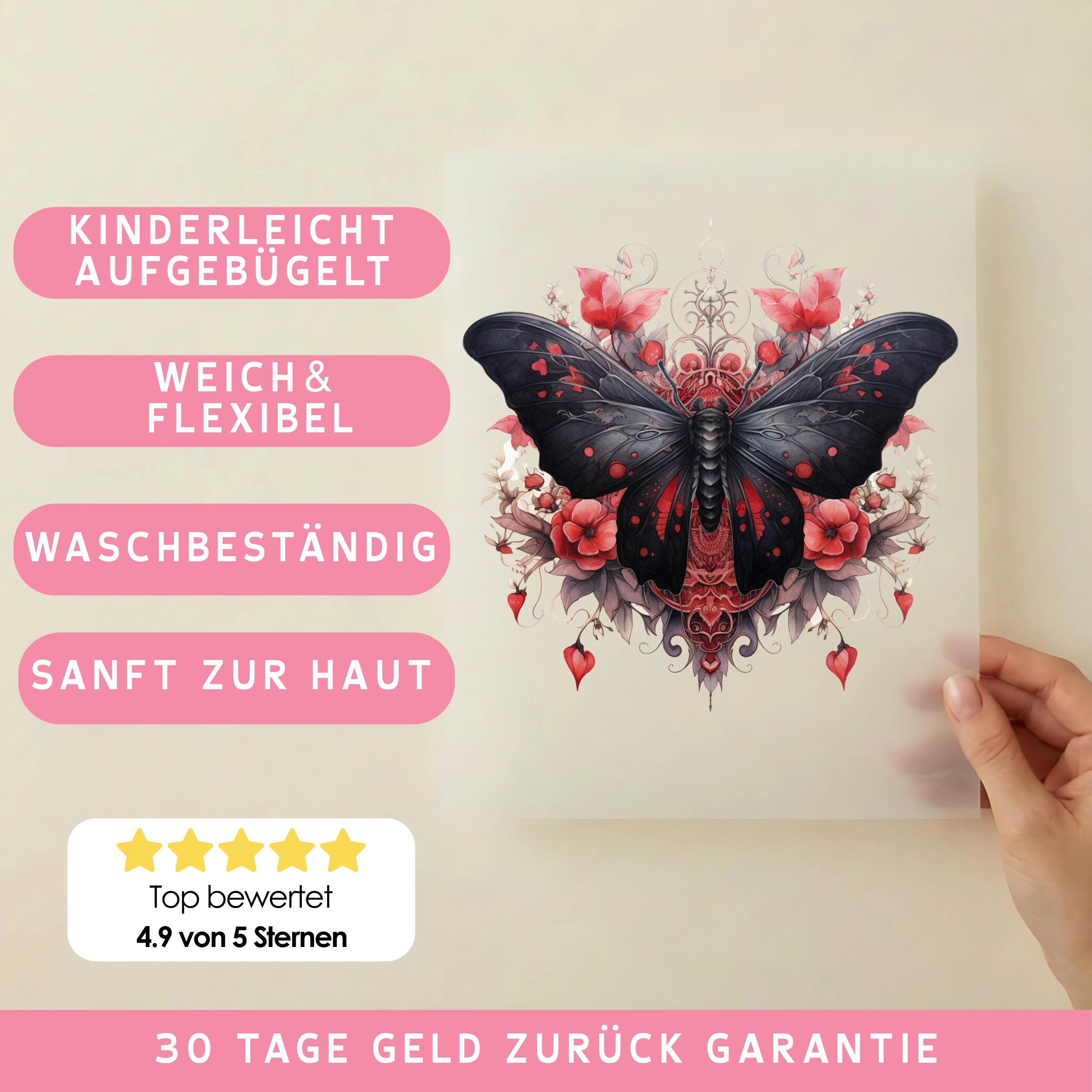 Bügelbild Schwarze Blüten Motte