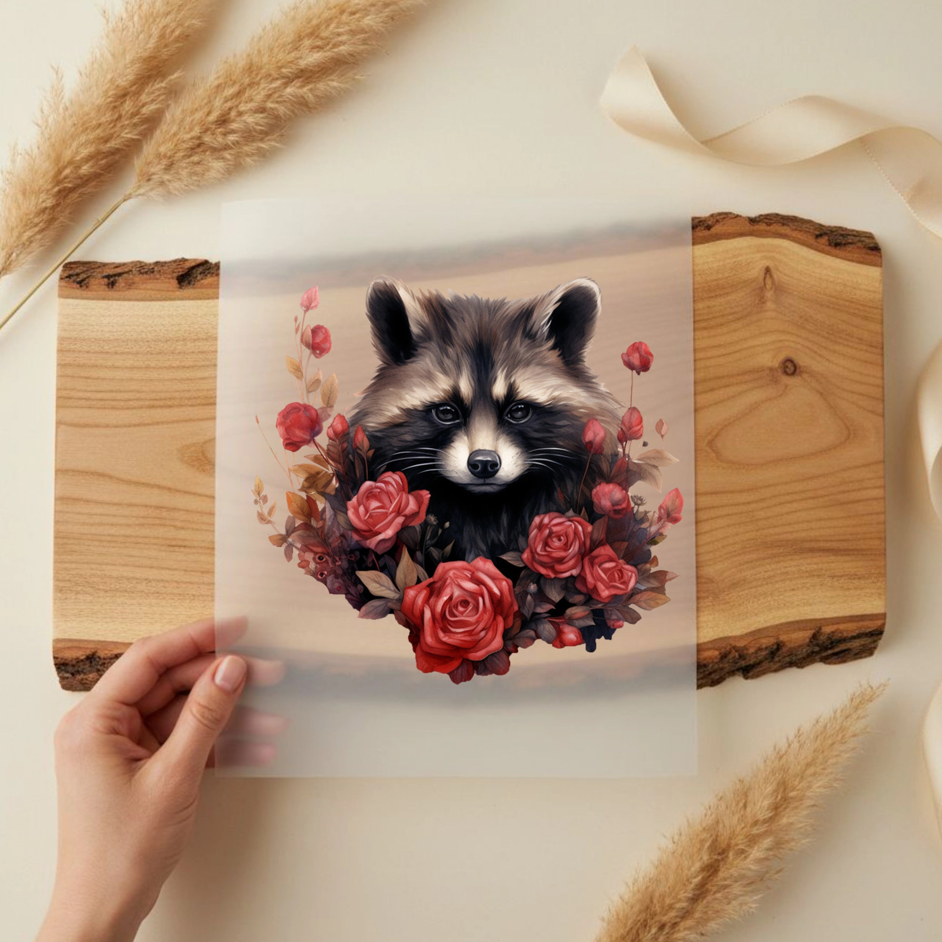 Bügelbild Rosen Waschbär