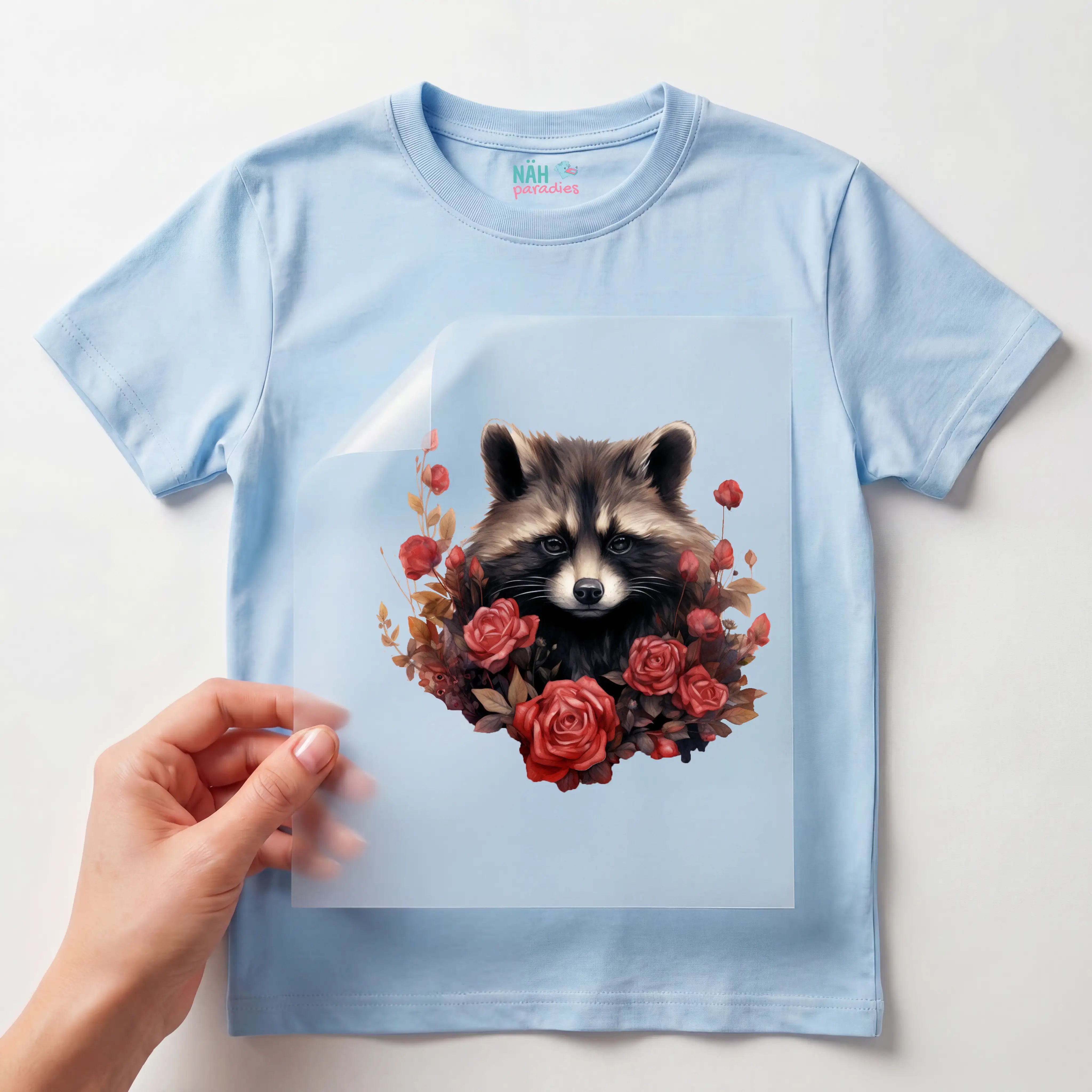 Bügelbild Rosen Waschbär