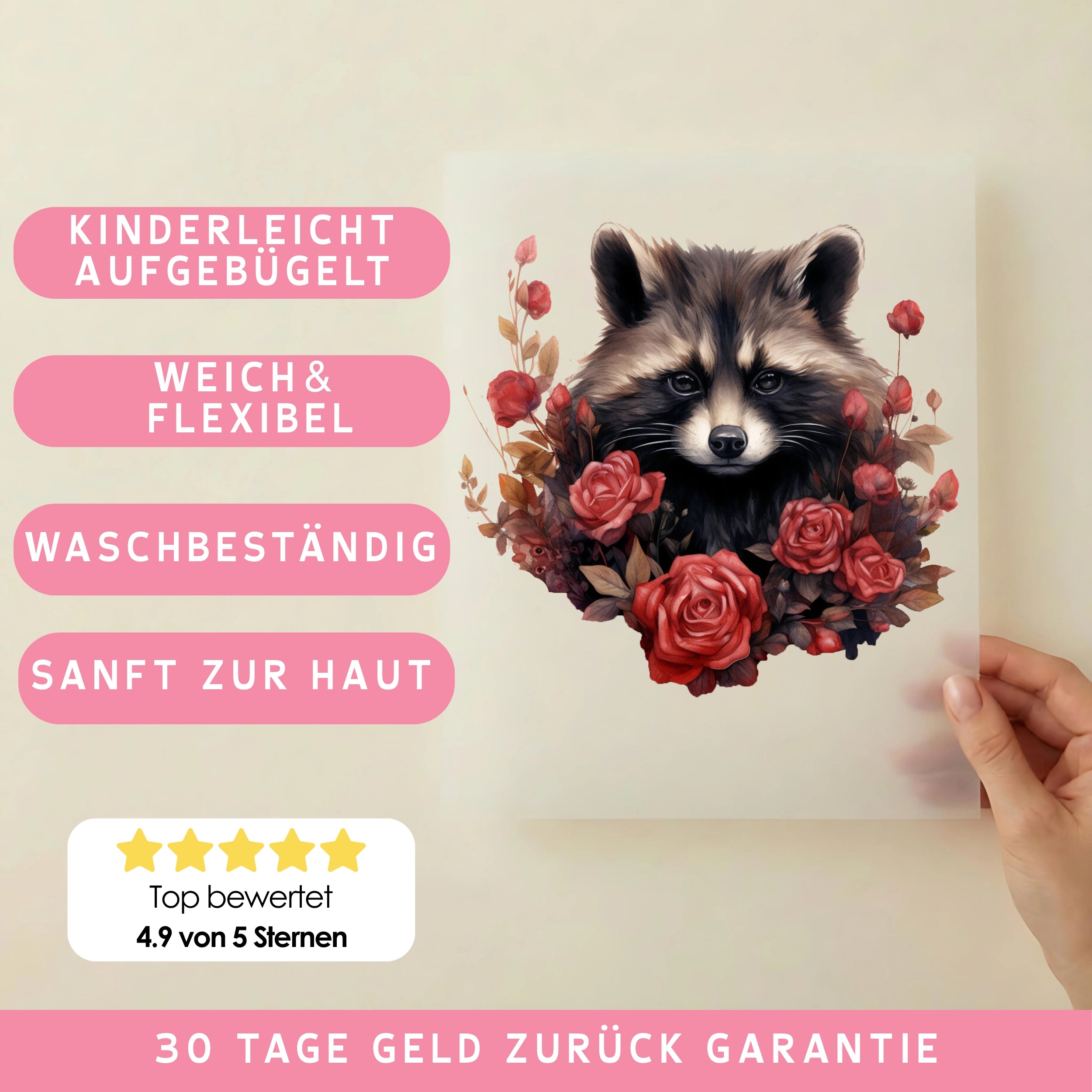 Bügelbild Rosen Waschbär