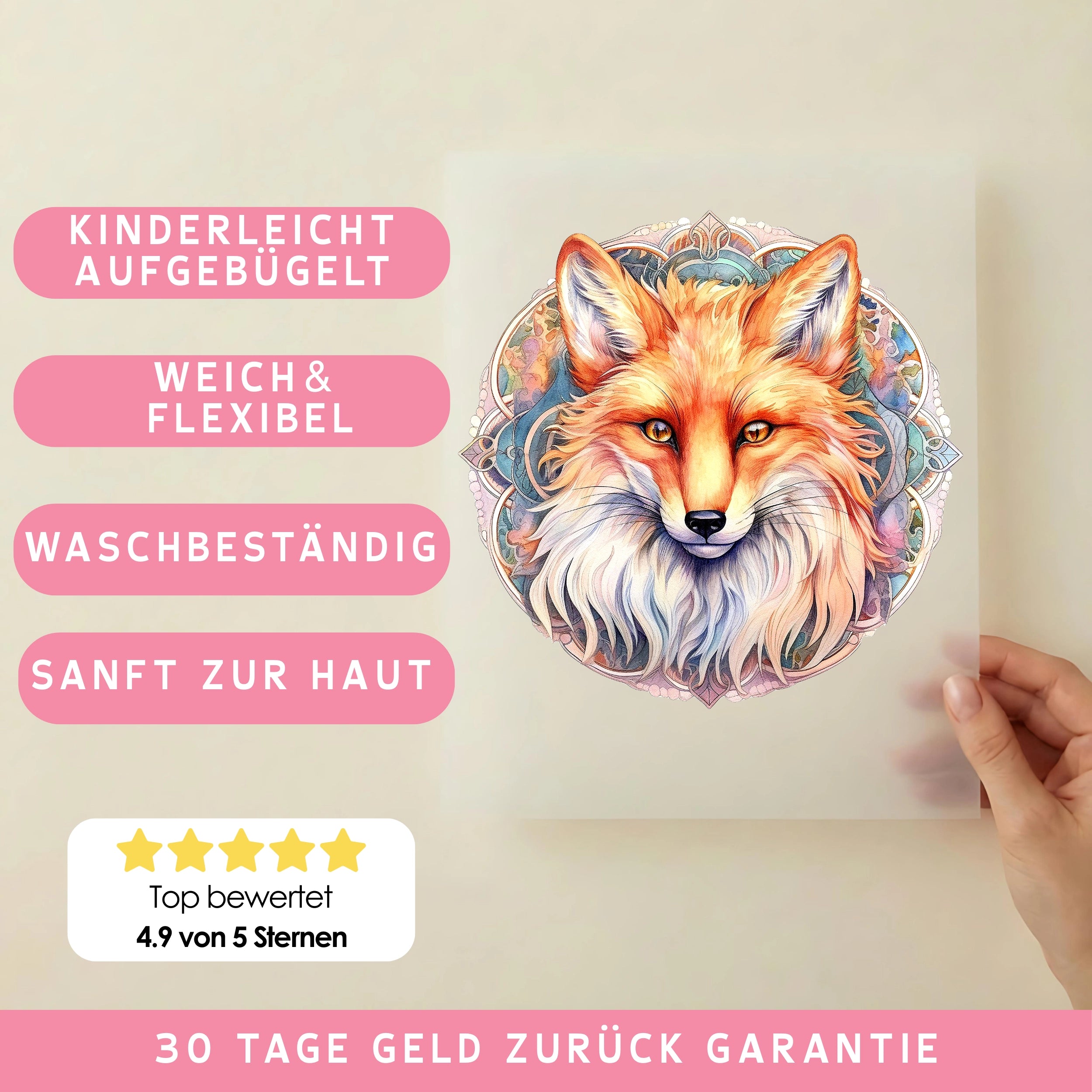 Bügelbild Rosa Mandala Fuchs