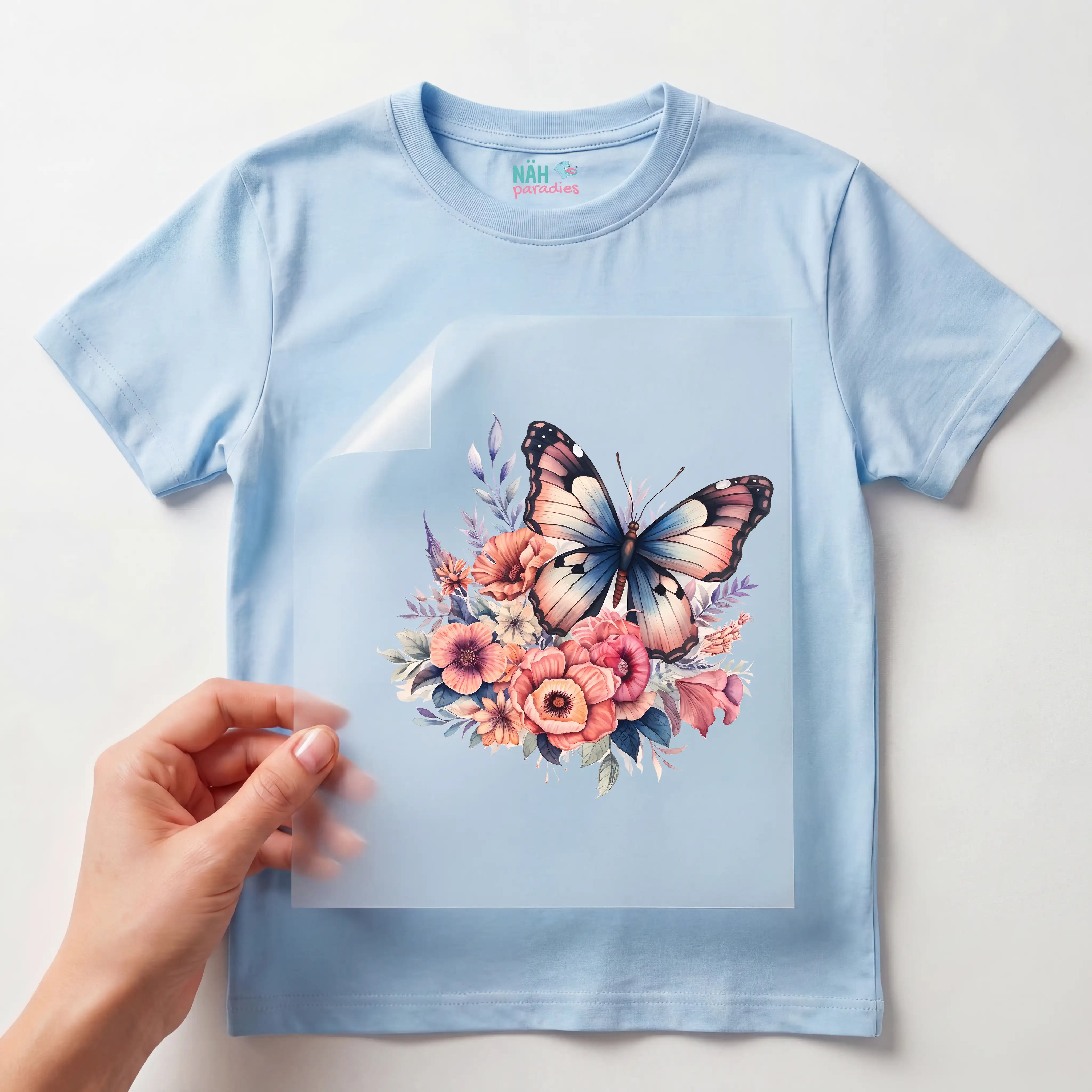 Bügelbild Blumen Schmetterling