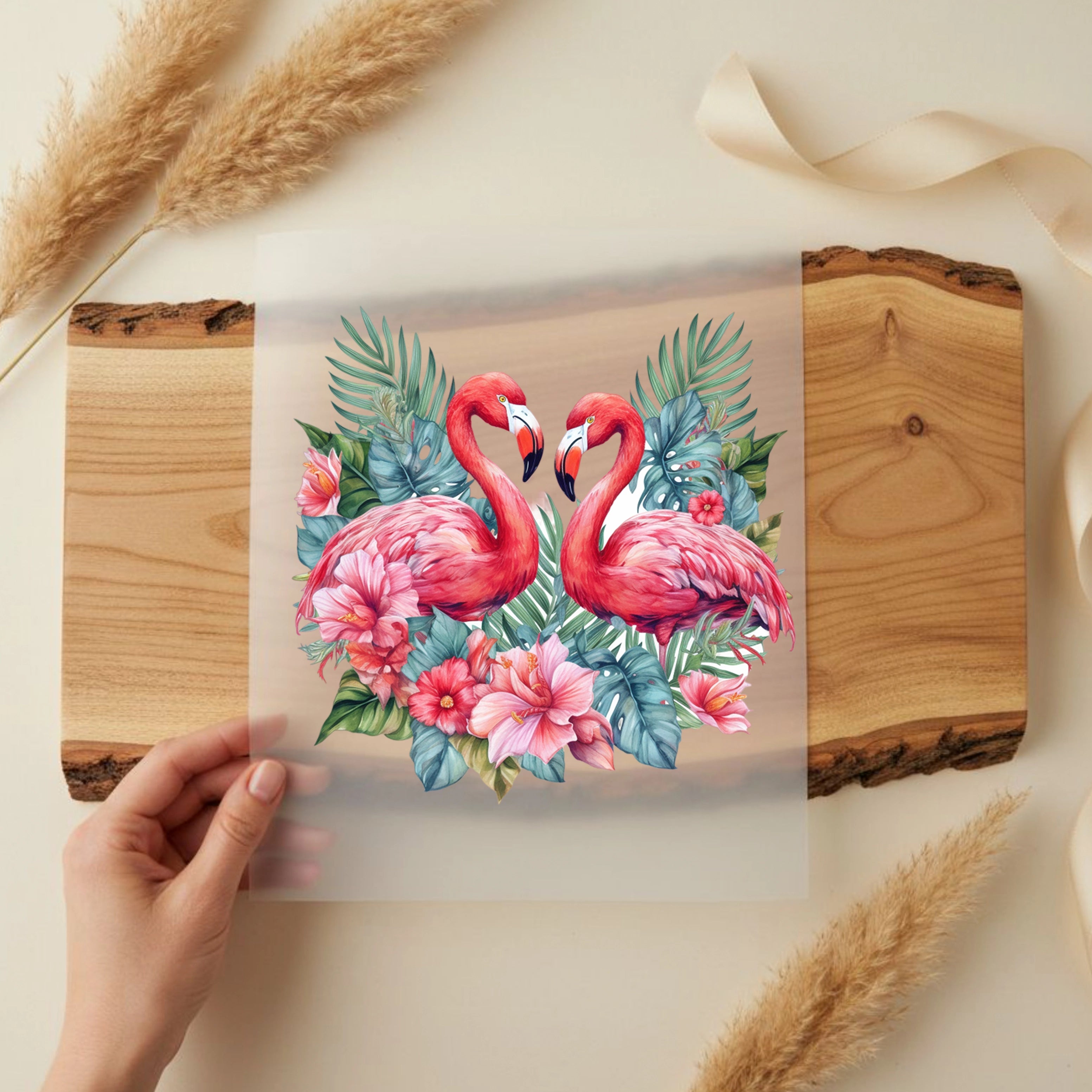 Bügelbild Blüten Flamingos