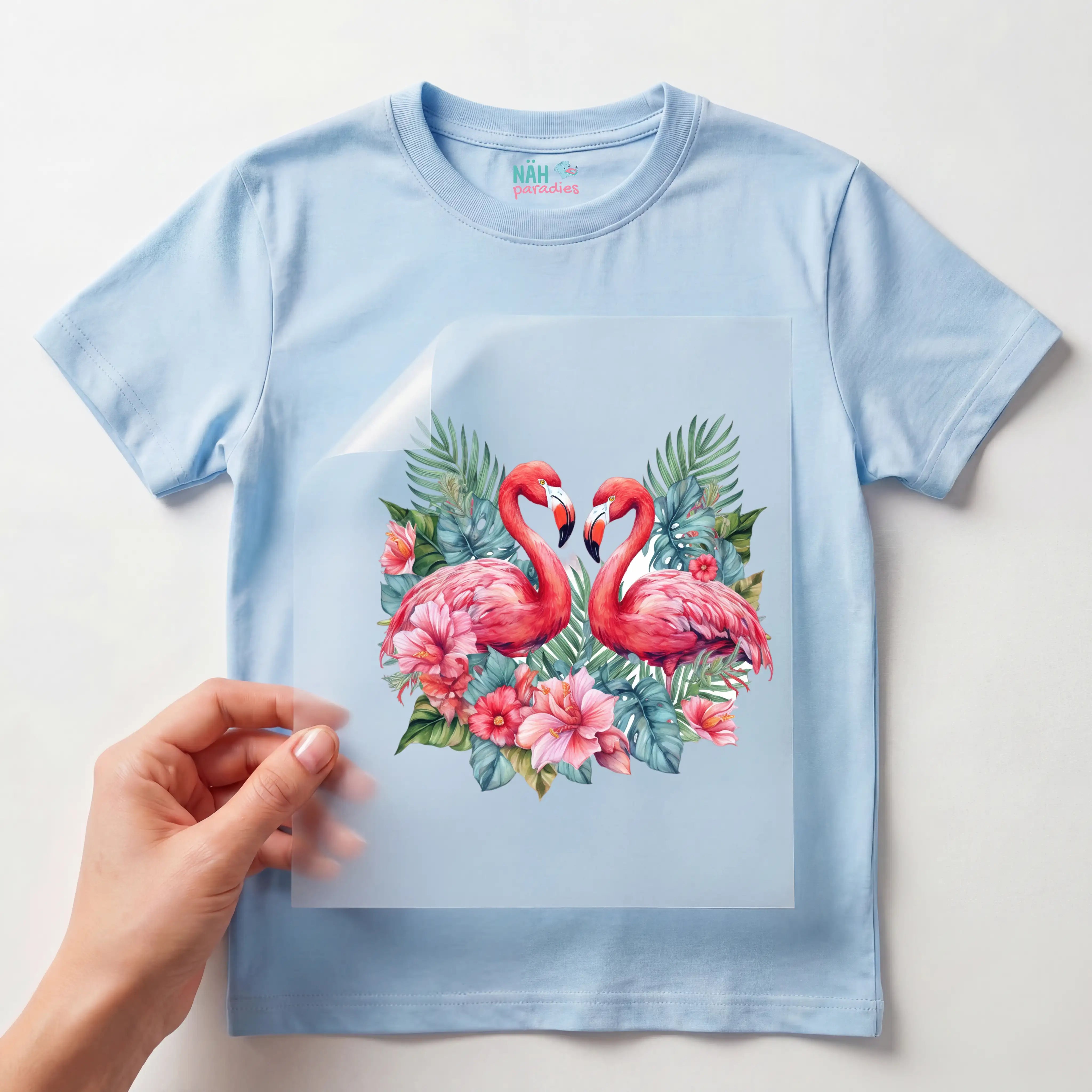 Bügelbild Blüten Flamingos