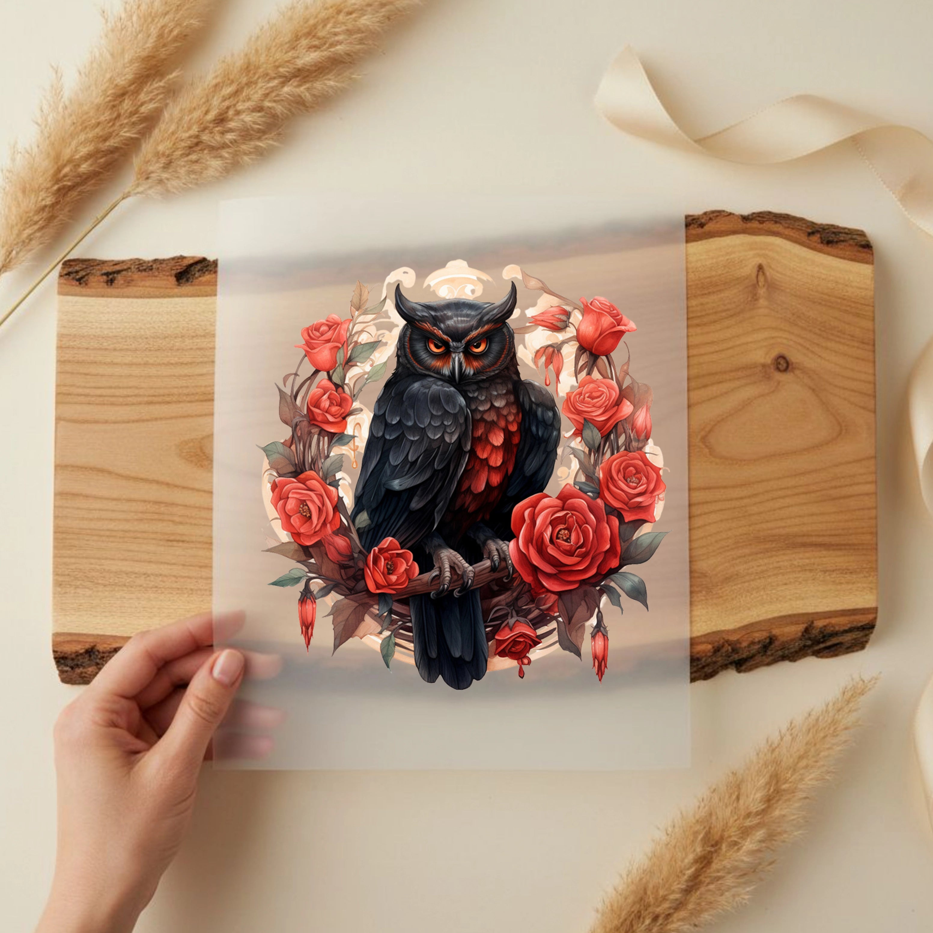 Bügelbild Schwarze Rosen Eule